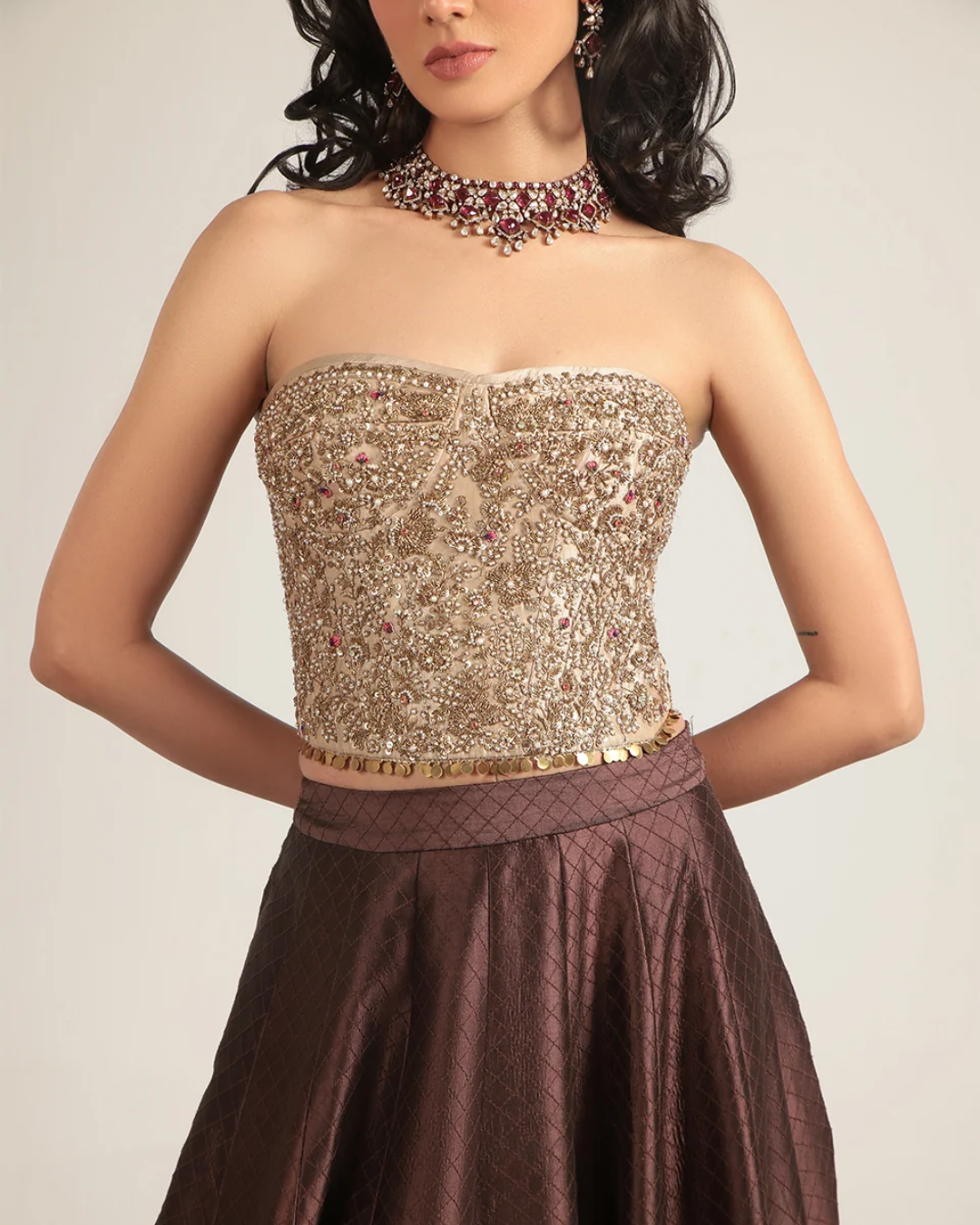 Niti Bothra - Zar-Rang Brown Corset Quilted Lehenga Set