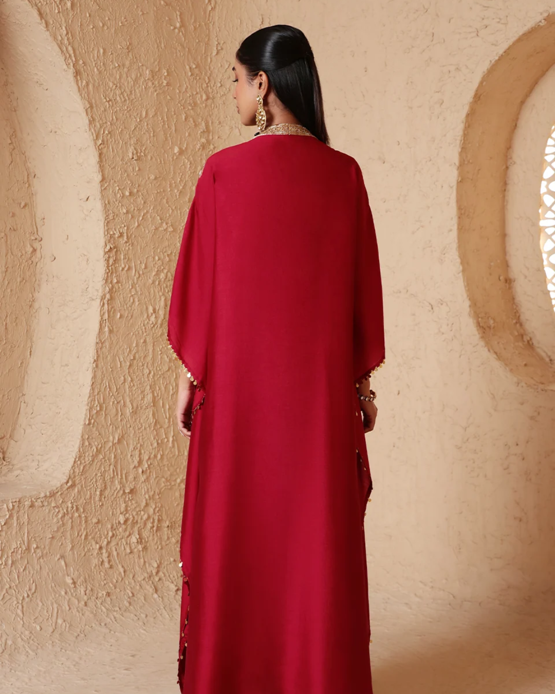 Niti Bothra - Zar-Rang Maroon V Neck Kaftan Set
