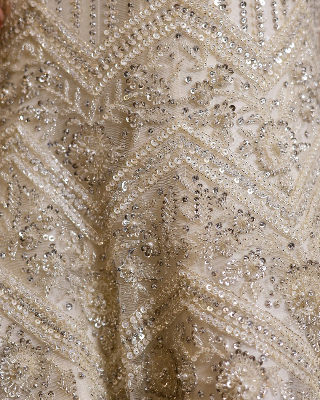 Isa by Dolly Wahal - Ivory Net Hand Embroidered Fish-Cut Lehenga Set