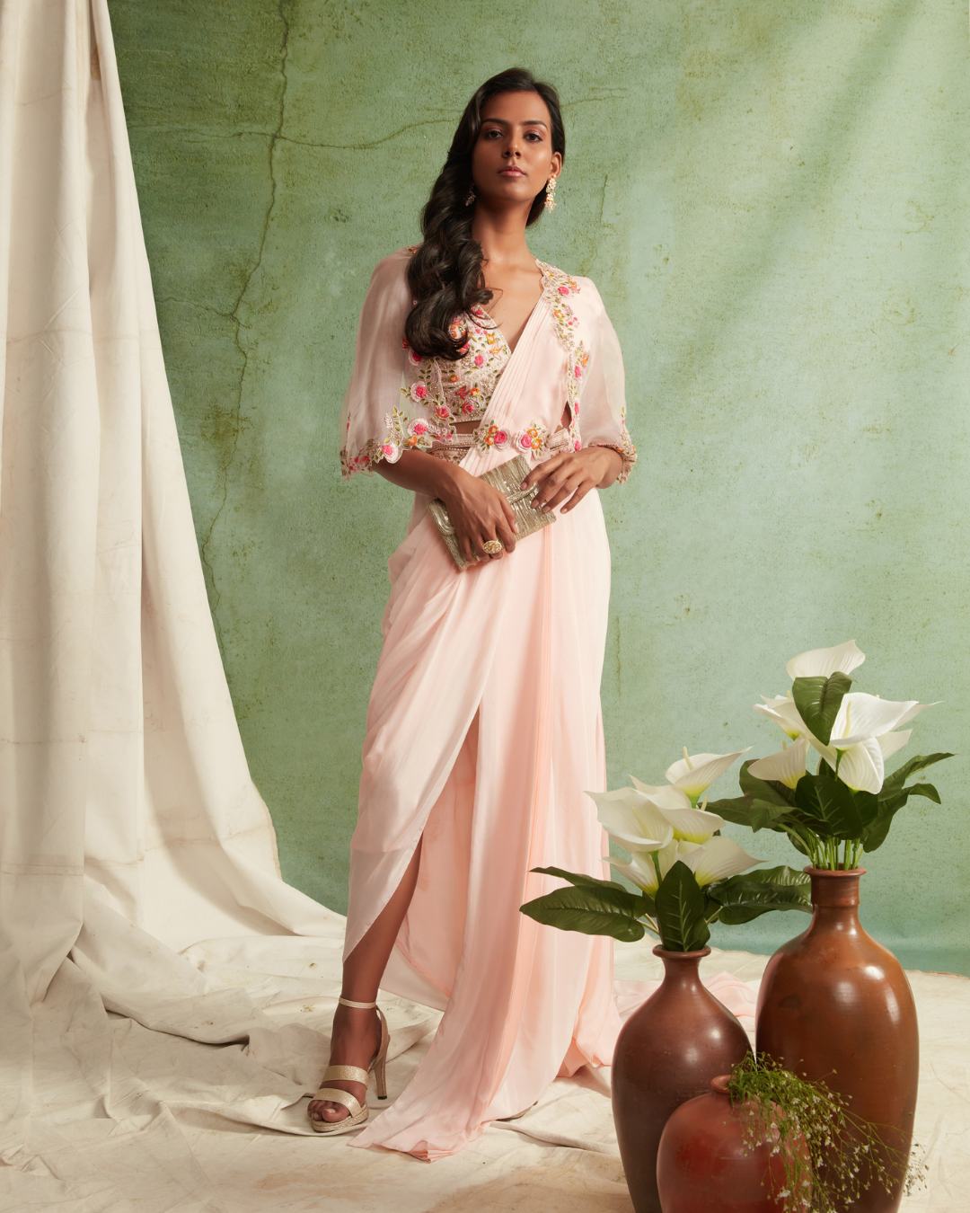 Priyanka Jain - Pre-Draped Saree With Embroidered Blouse, Cape And Belt From Love Of Tomorrow