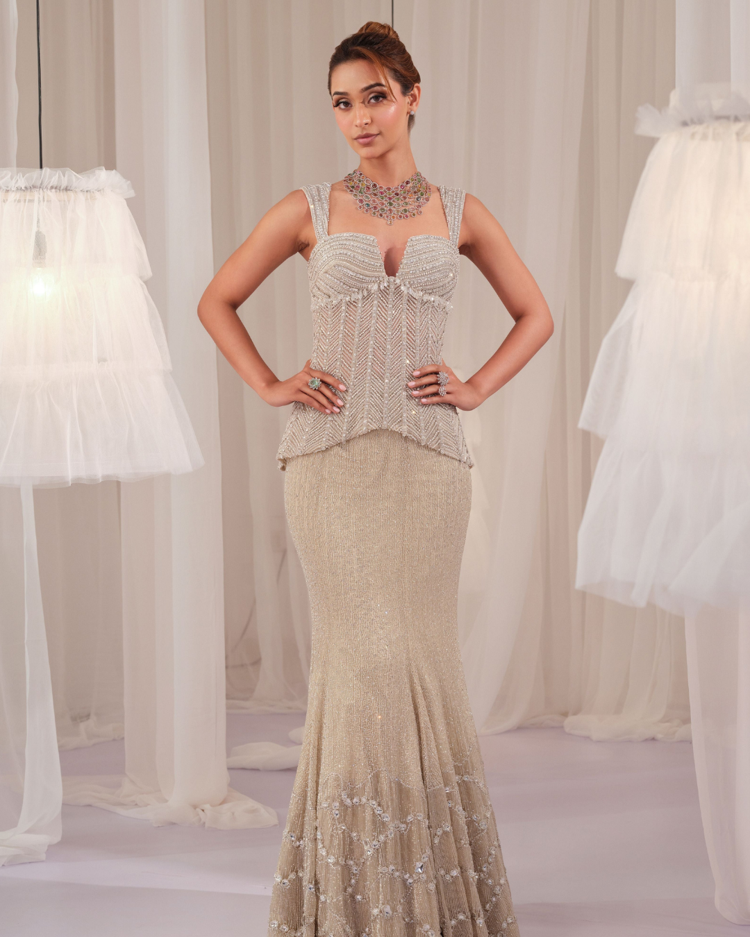K&A By Karishma And Ashita - Silver Starlight Corset With Fishcut Lehenga From First Love