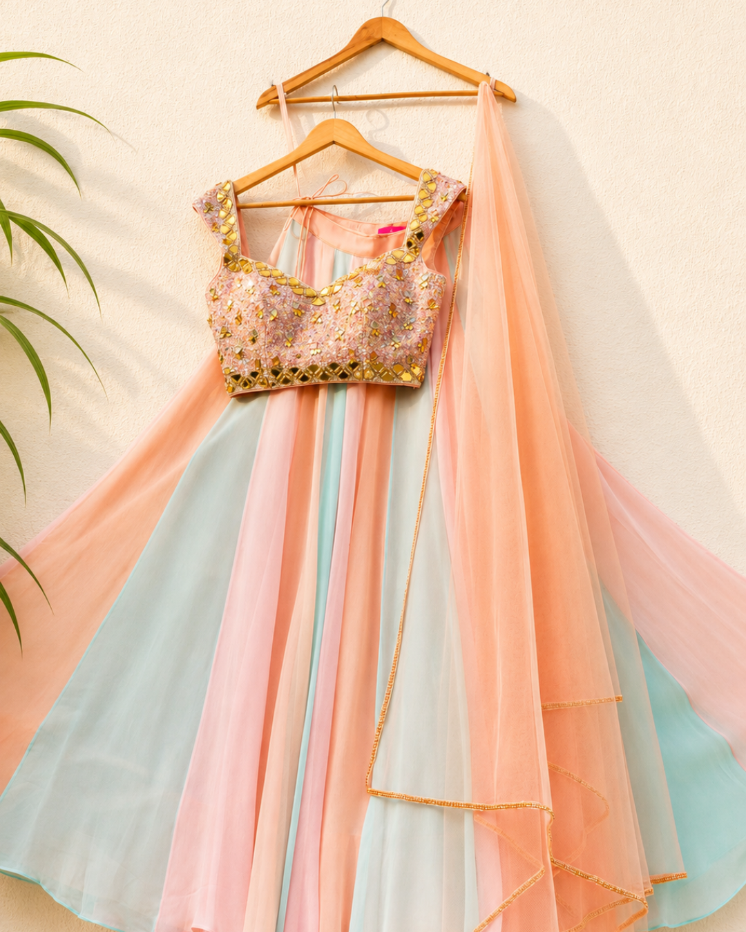 Anisha Shetty - Multicolour Lehenga With Peach And Lilac Sequence Blouse Set