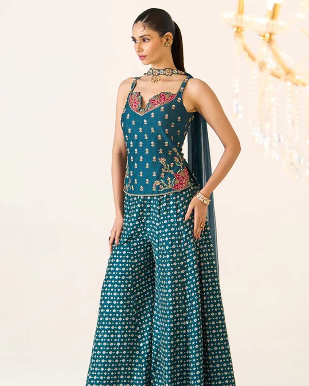 Prevasu - Teal Printed Divided Skirt Set From Gulabo