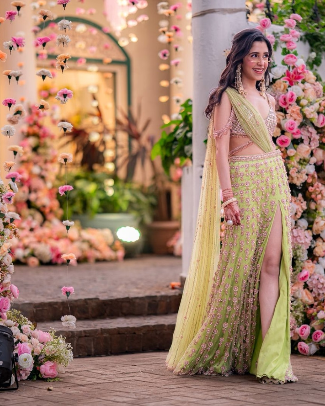 Isa by Dolly Wahal - Lime Green Slit Saree From Ittara