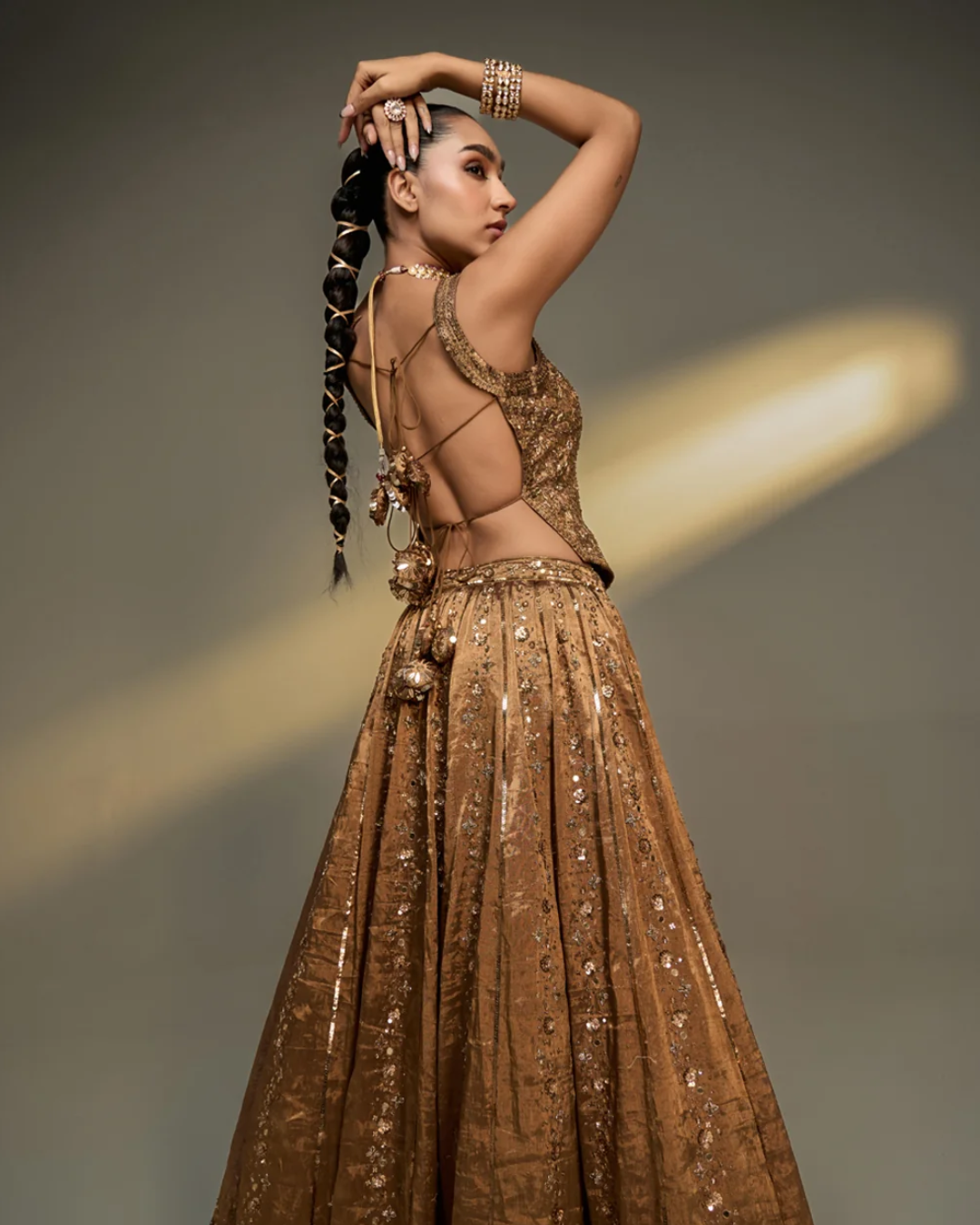 Prevasu - Copper Gold Corset Lehenga Set From The Mocha Edit
