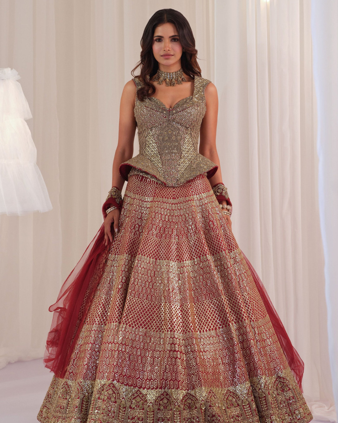 K&A By Karishma And Ashita - Maroon Raw Silk Lehenga With Peplum Sculpt Corset & Dupatta  From First Love