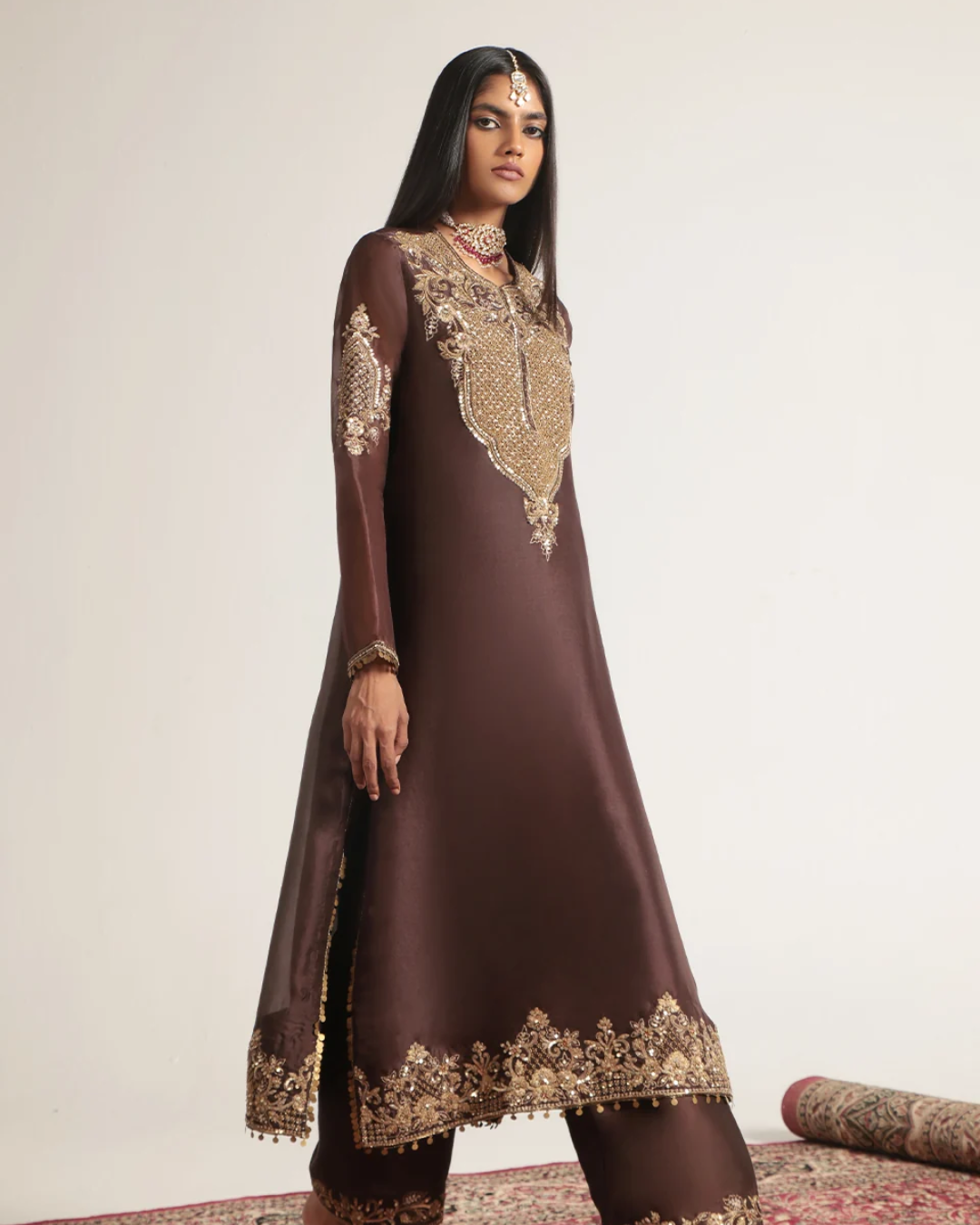 Niti Bothra - Zar-Rang Brown Straight Kurta Set
