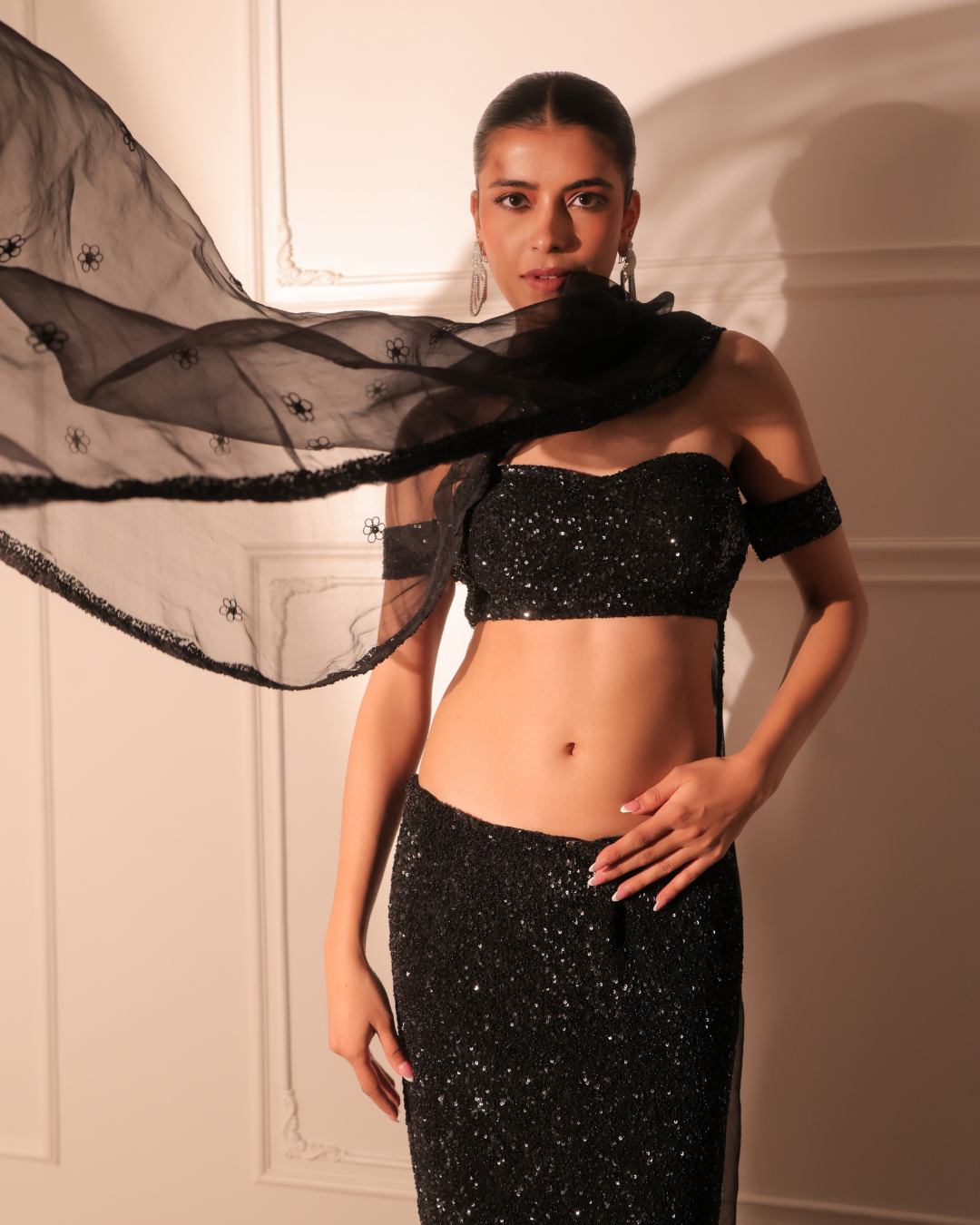 Sonali Bansal - Black cocktail bustier and slit skirt with dupatta From Banno Ki Saheli