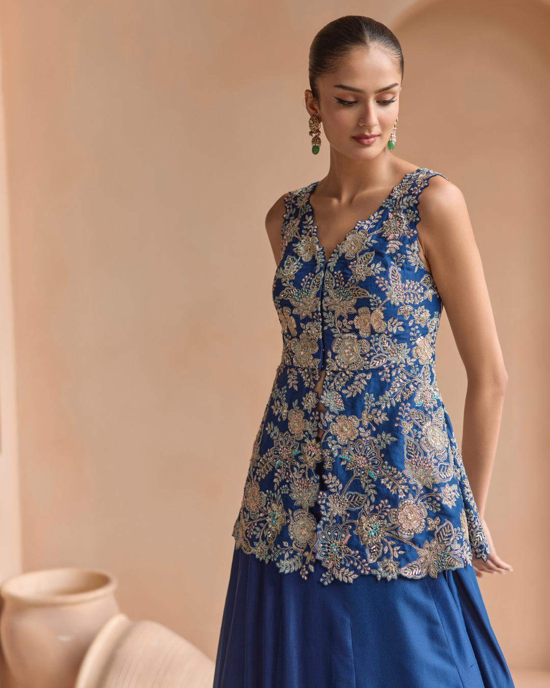 Osaa By Adarsh - French Navy Embroidered Peplum Lehenga Set From Off The Record