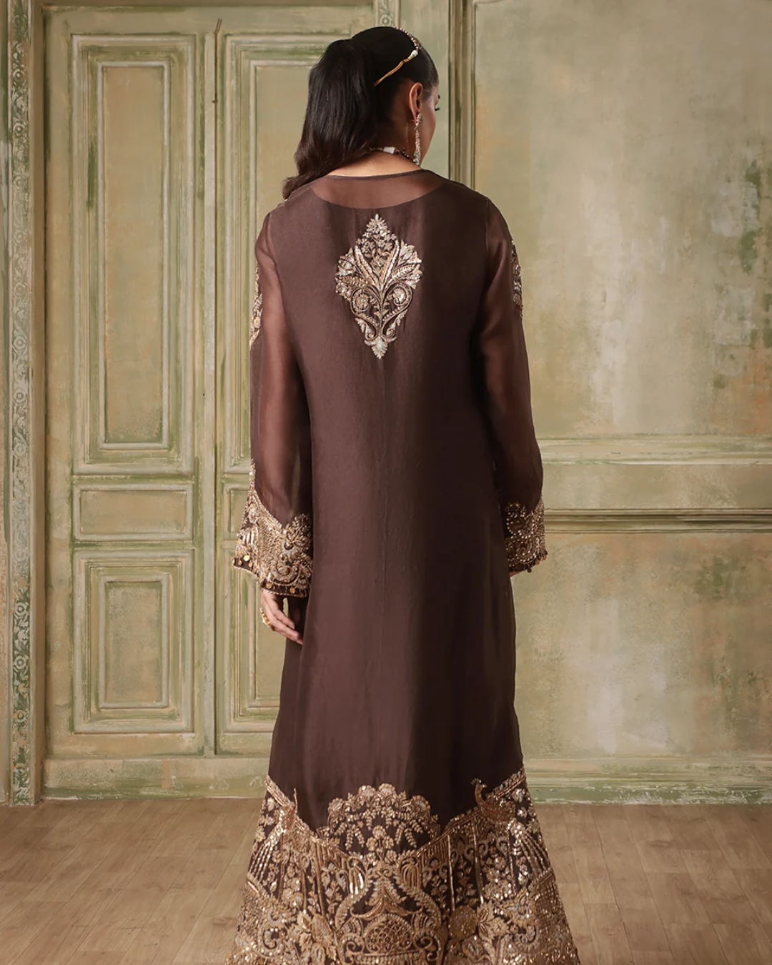 Niti Bothra - Zar-Rang Brown Heavy Jaal Kaftan Set