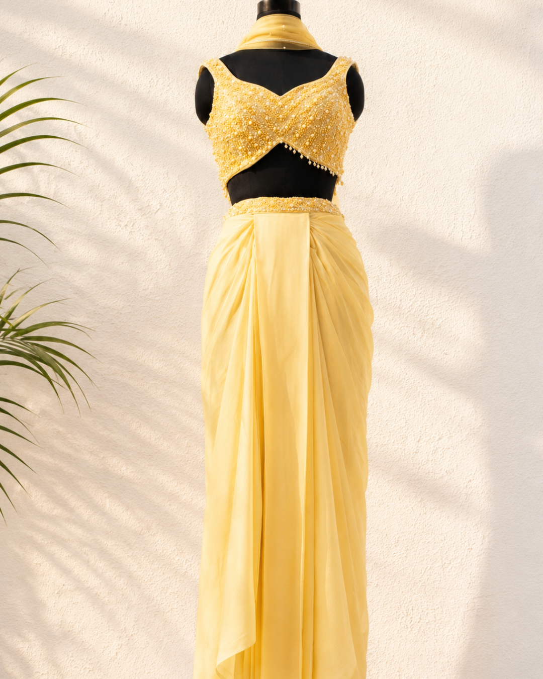 Anisha Shetty - Honey Yellow Sequin And Pearl Blouse With Pleated Skirt And Dupatta