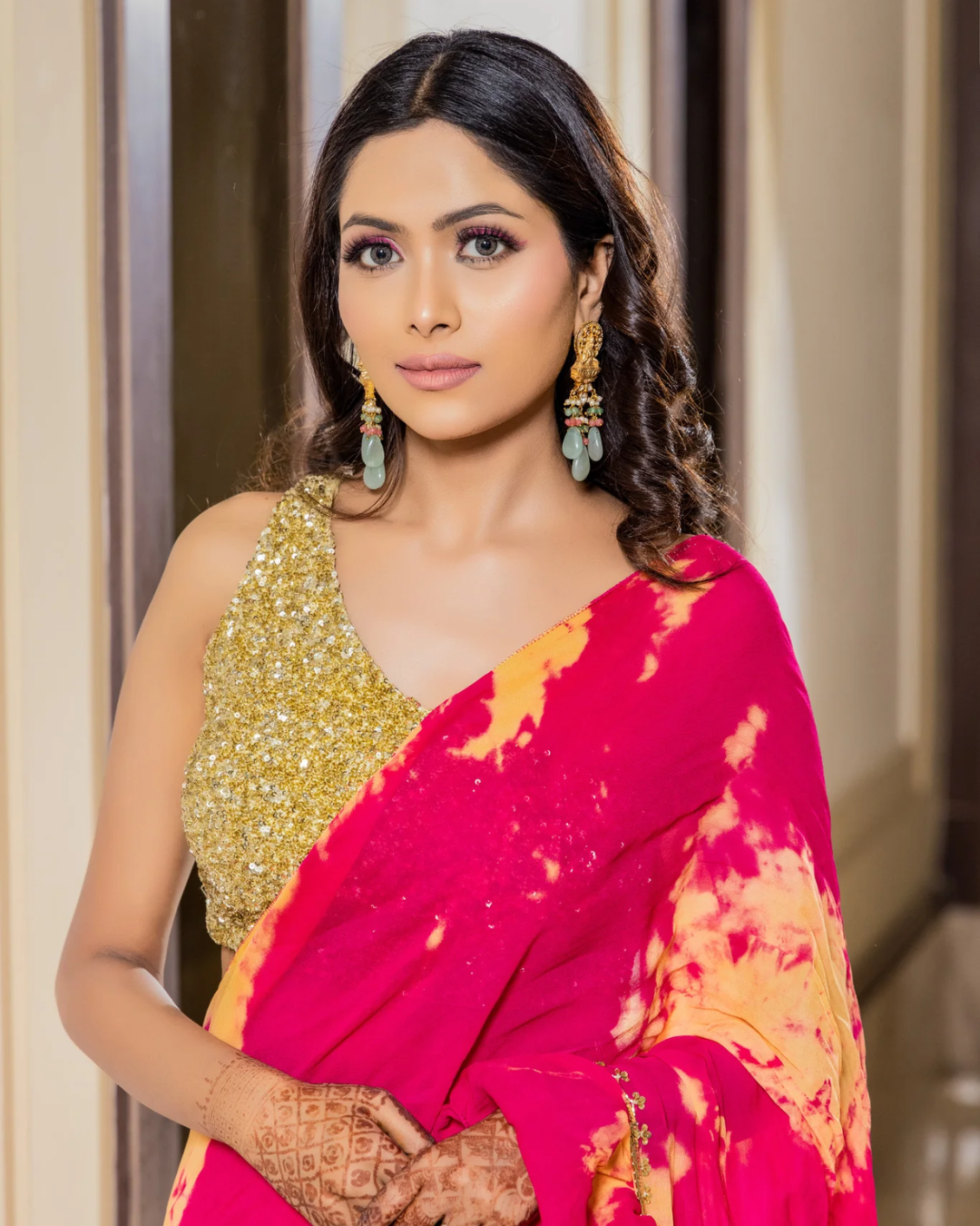 Sonali Bansal - Zareen -Rani pink tie and dye drape saree with gold sequin blouse From Phiroza