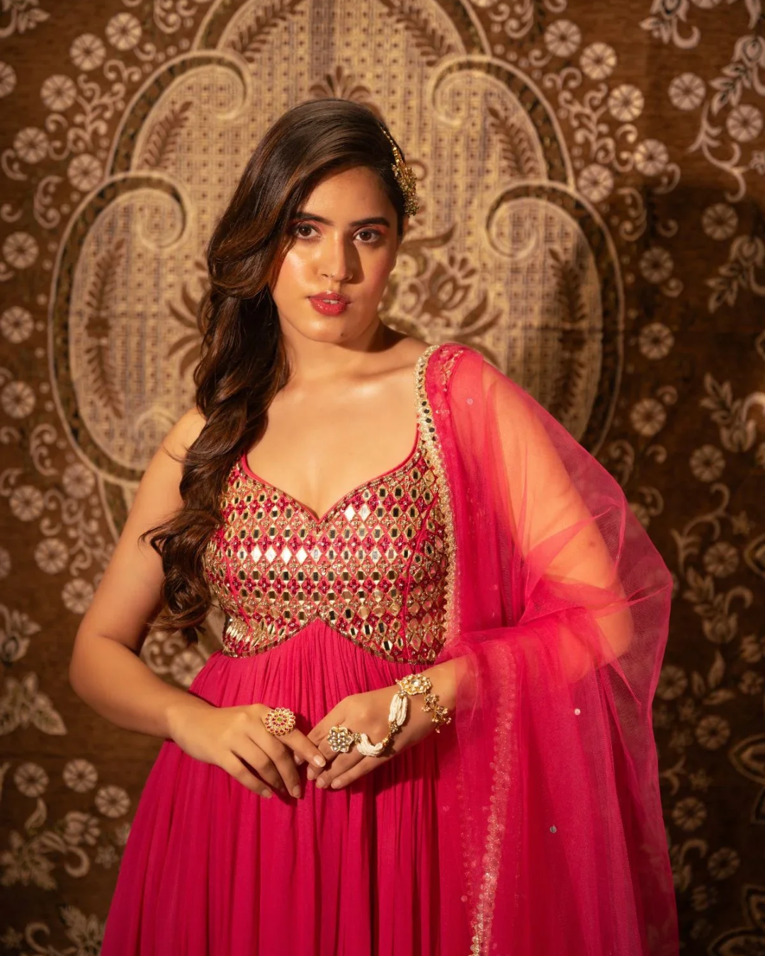 Anisha Shetty - Rasberry Pink Mirrorwork Anarkali With Mirrorwork Dupatta From Rangin