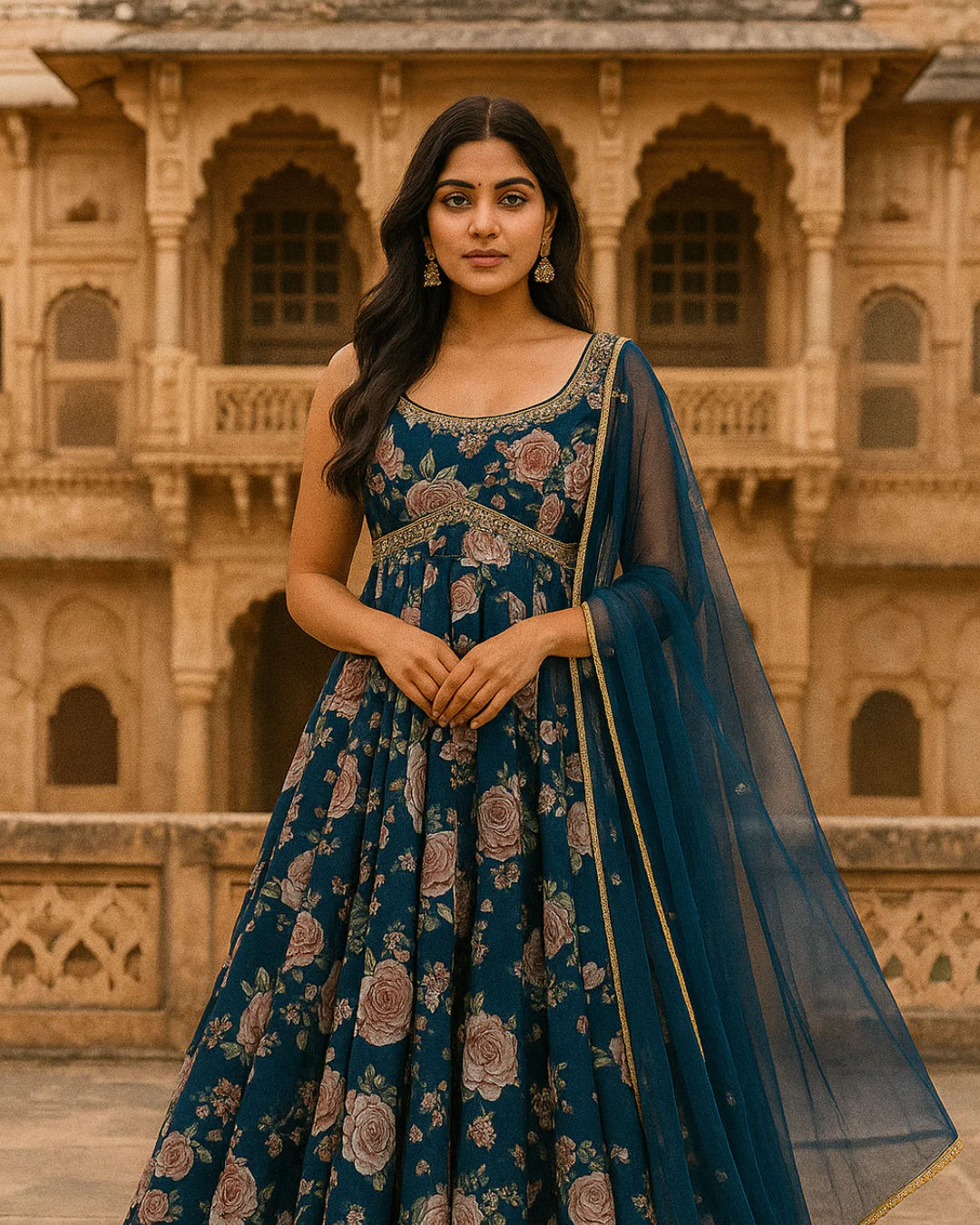 Anisha Shetty - Bahama Blue Floral Anarkali Set