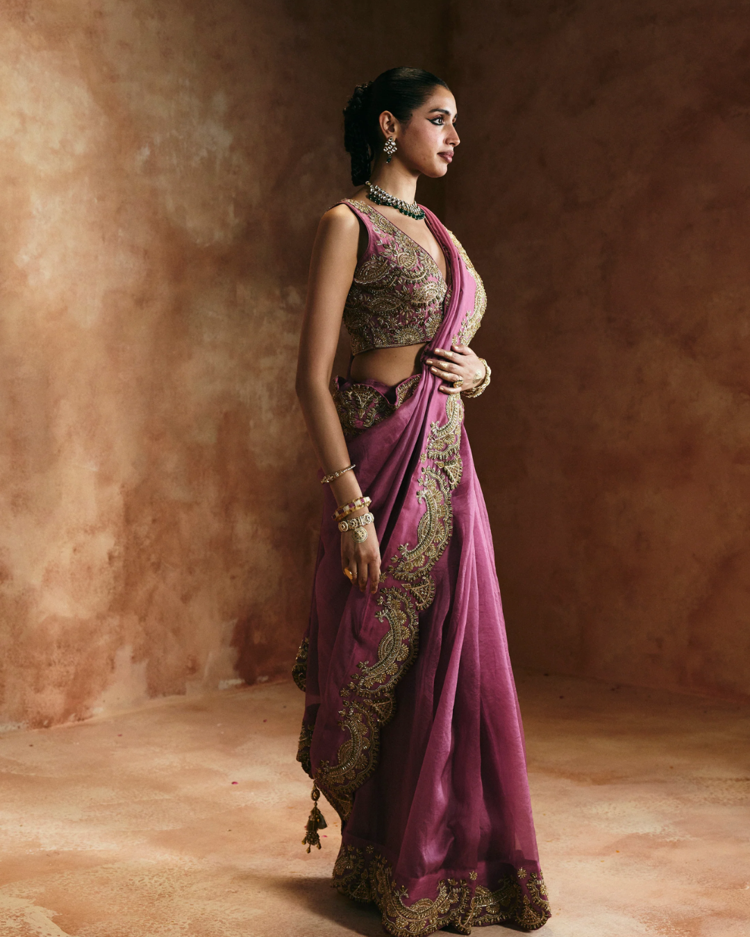 Aman Takyar - Peach & Gold Saree Set From Today's Sindh