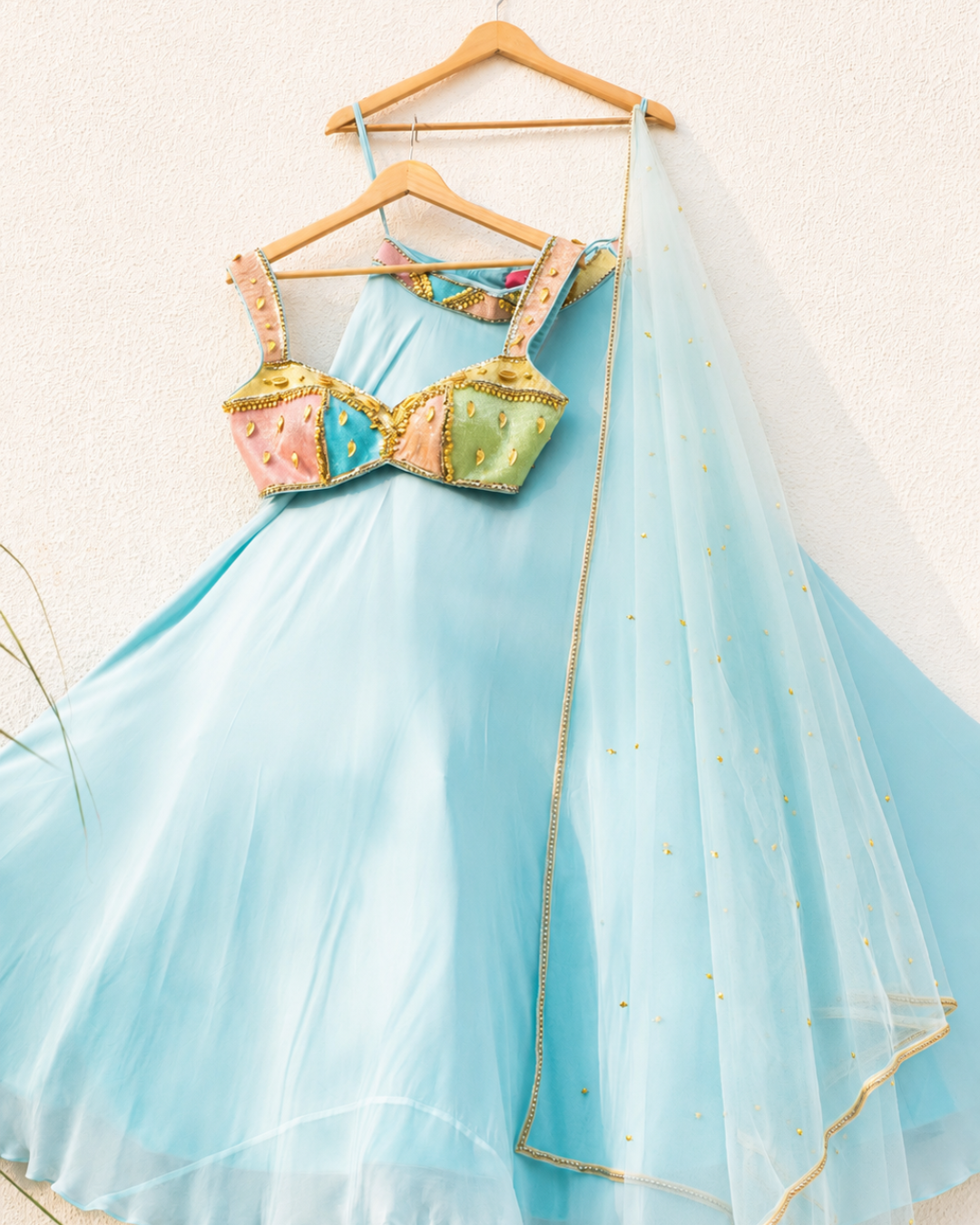 Anisha Shetty - Sky Blue Lehenga With Multicolour Cutdana Blouse