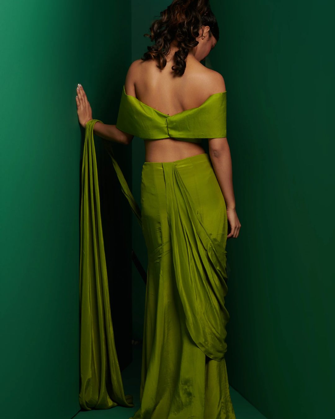 K&A by Karishma and Ashita - Lime green bow style blouse with slit skirt drape saree From Barre Oblique