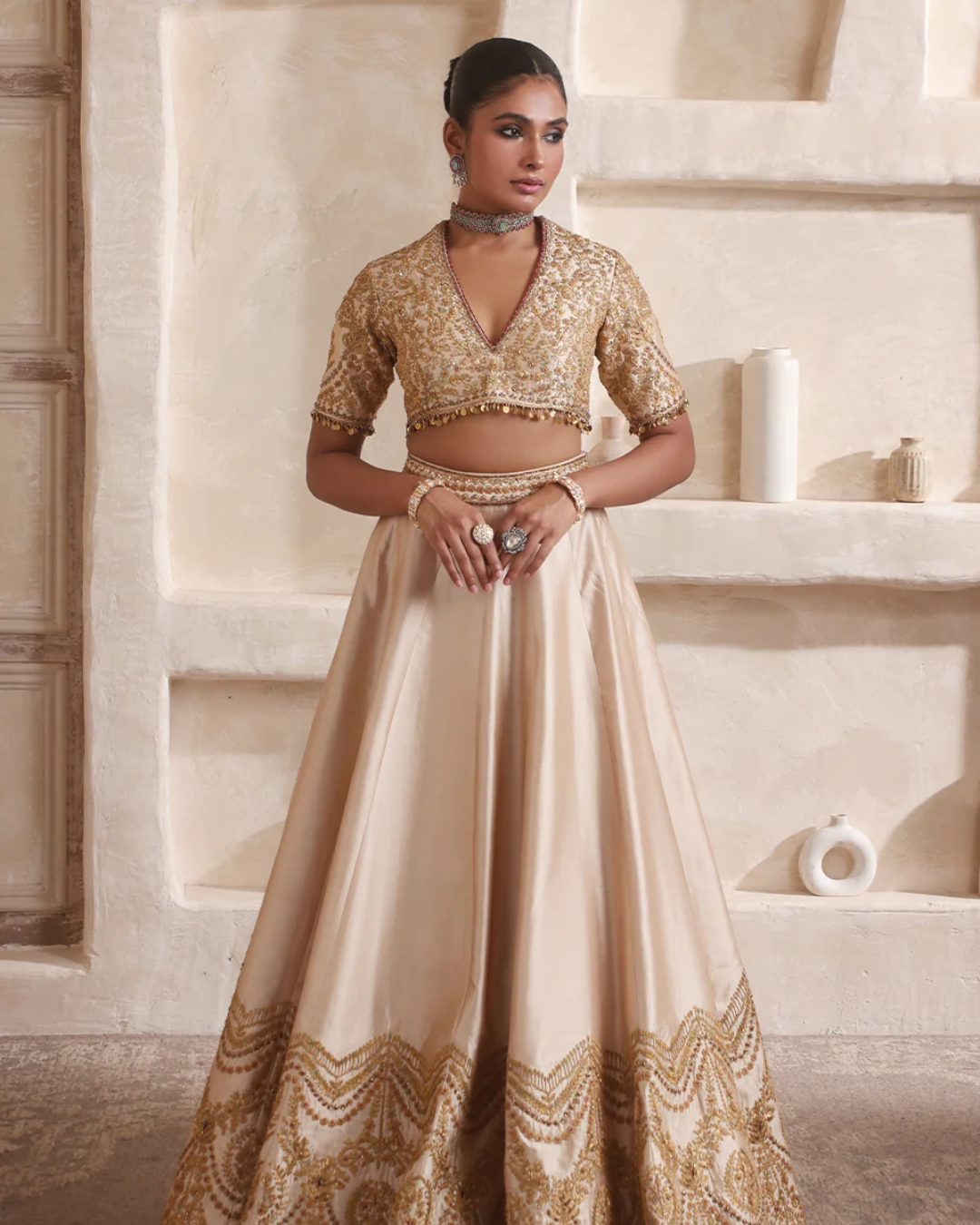 Niti Bothra - Zar-Rang Ivory Scallop Lehenga Set