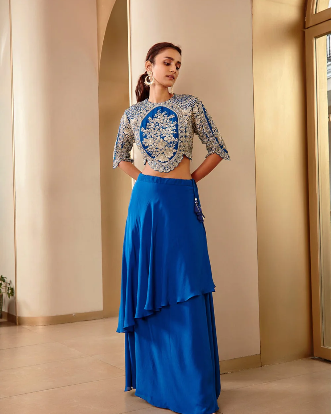 Osaa By Adarsh - Jade Blue Embroidered Top and Assymetrical Skirt From RASM