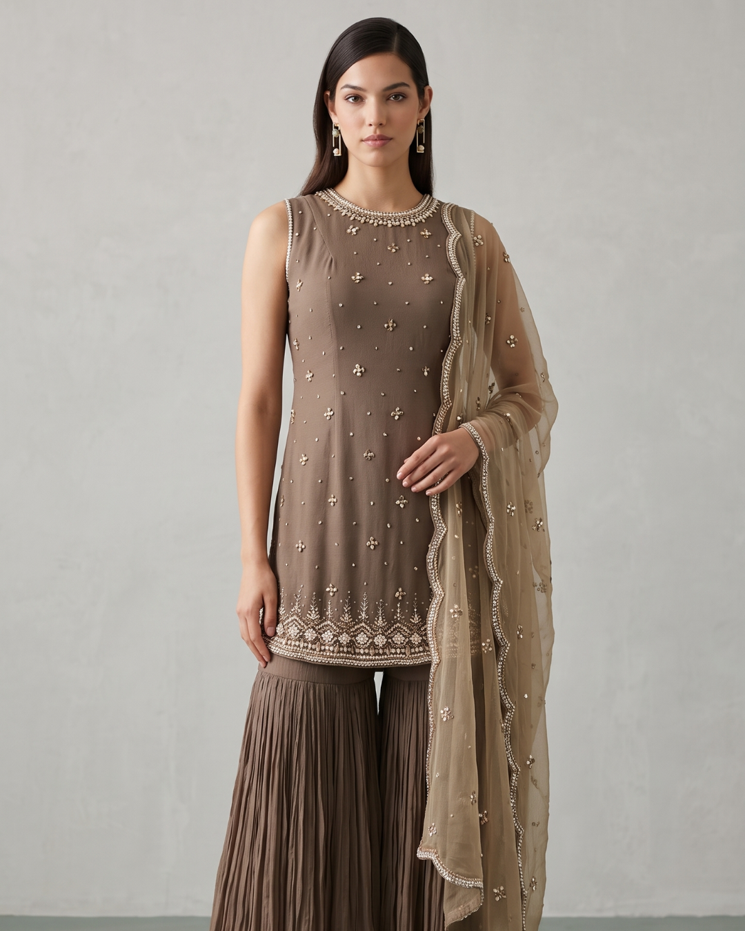 Basanti Kapde Aur Koffee - Brown Embroidered Sharara Set From Suits & Shararas