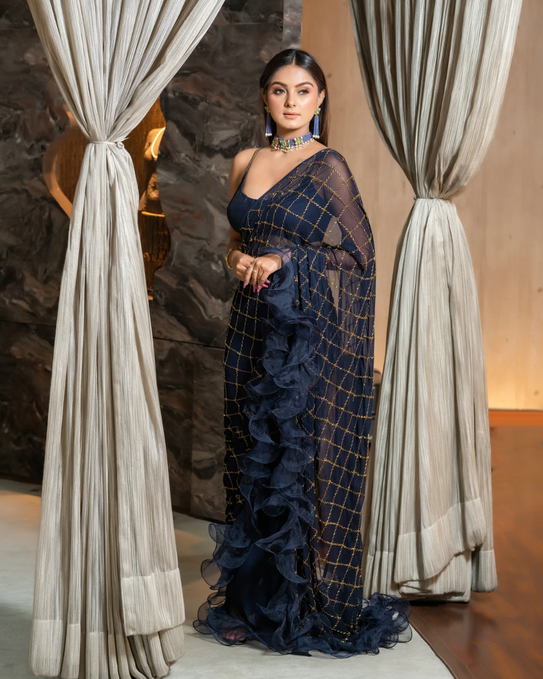 Sonali Bansal - Navy blue drape saree with ruffles and blouse From Romanticise