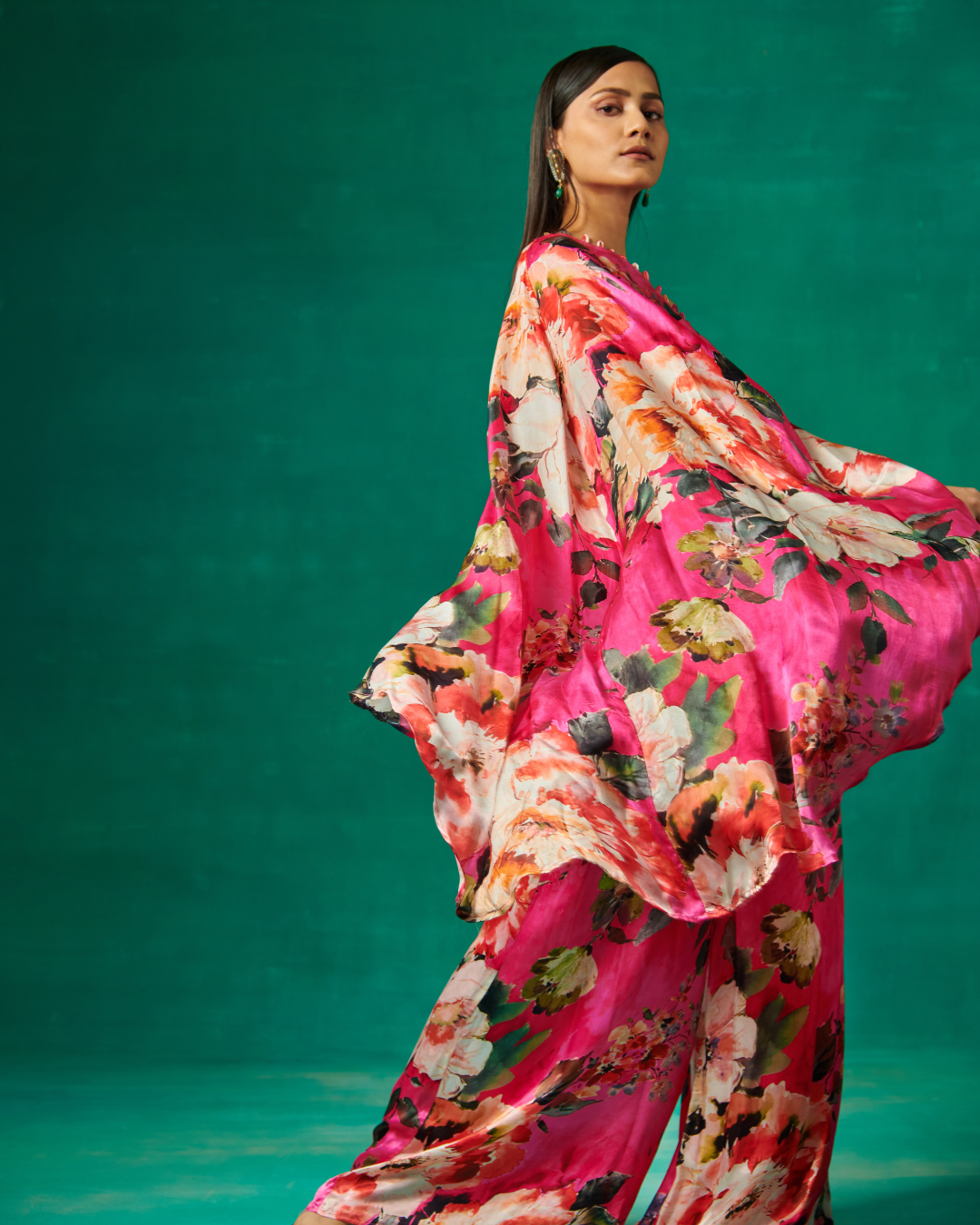 Sonali Bansal - Pink floral print high low cape with pants From Bageecha