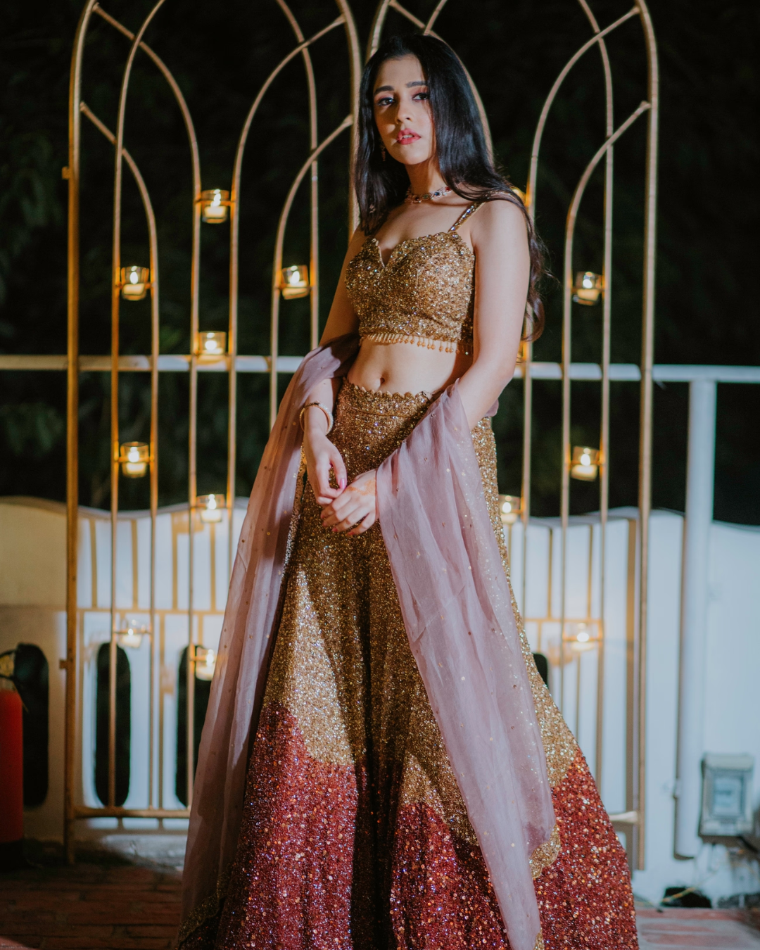 Isa by Dolly Wahal - Gold Sequin Lehenga Set From Athena