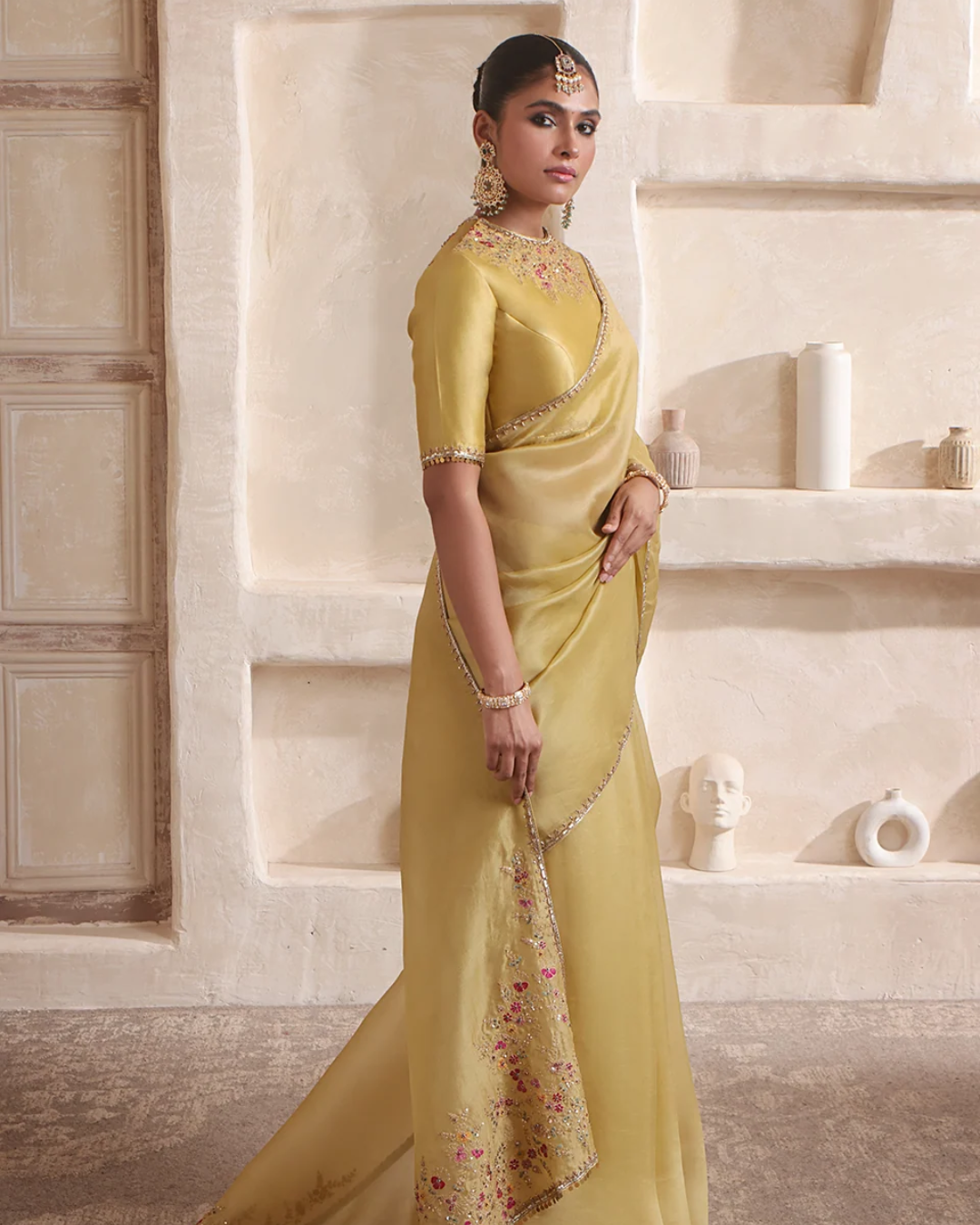 Niti Bothra - Zar-Rang Olive Green Multicolor Resham Saree Set