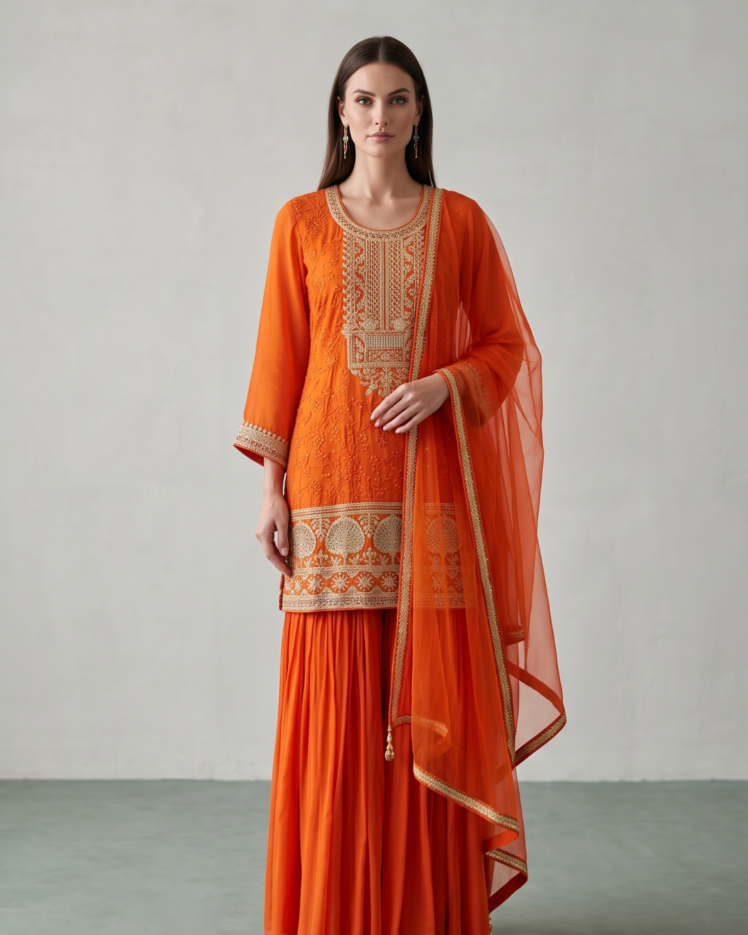 Basanti Kapde Aur Koffee - Tangerine Embroidered Sharara Set From Suits & Shararas