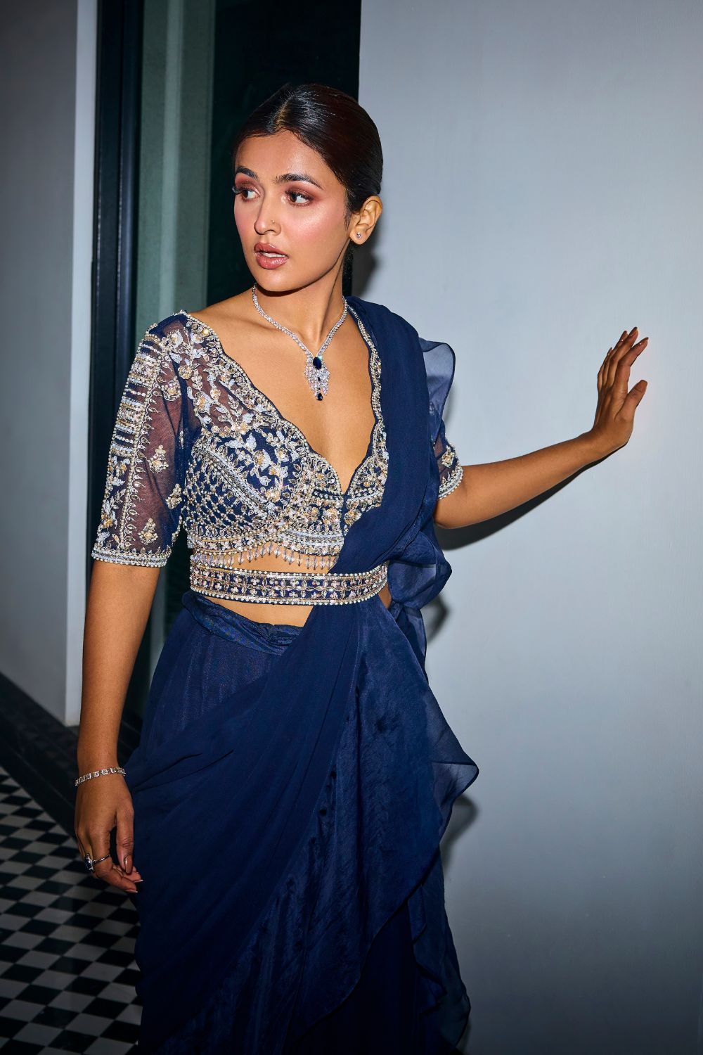 Sanya Gulati - Midnight Blue Ruffle Saree from Kia & Kyara