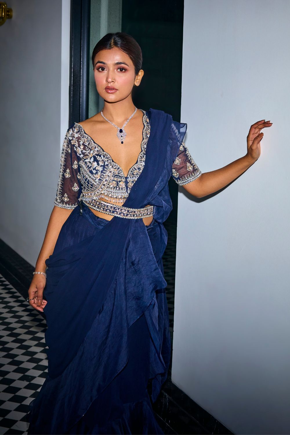 Sanya Gulati - Midnight Blue Ruffle Saree from Kia & Kyara
