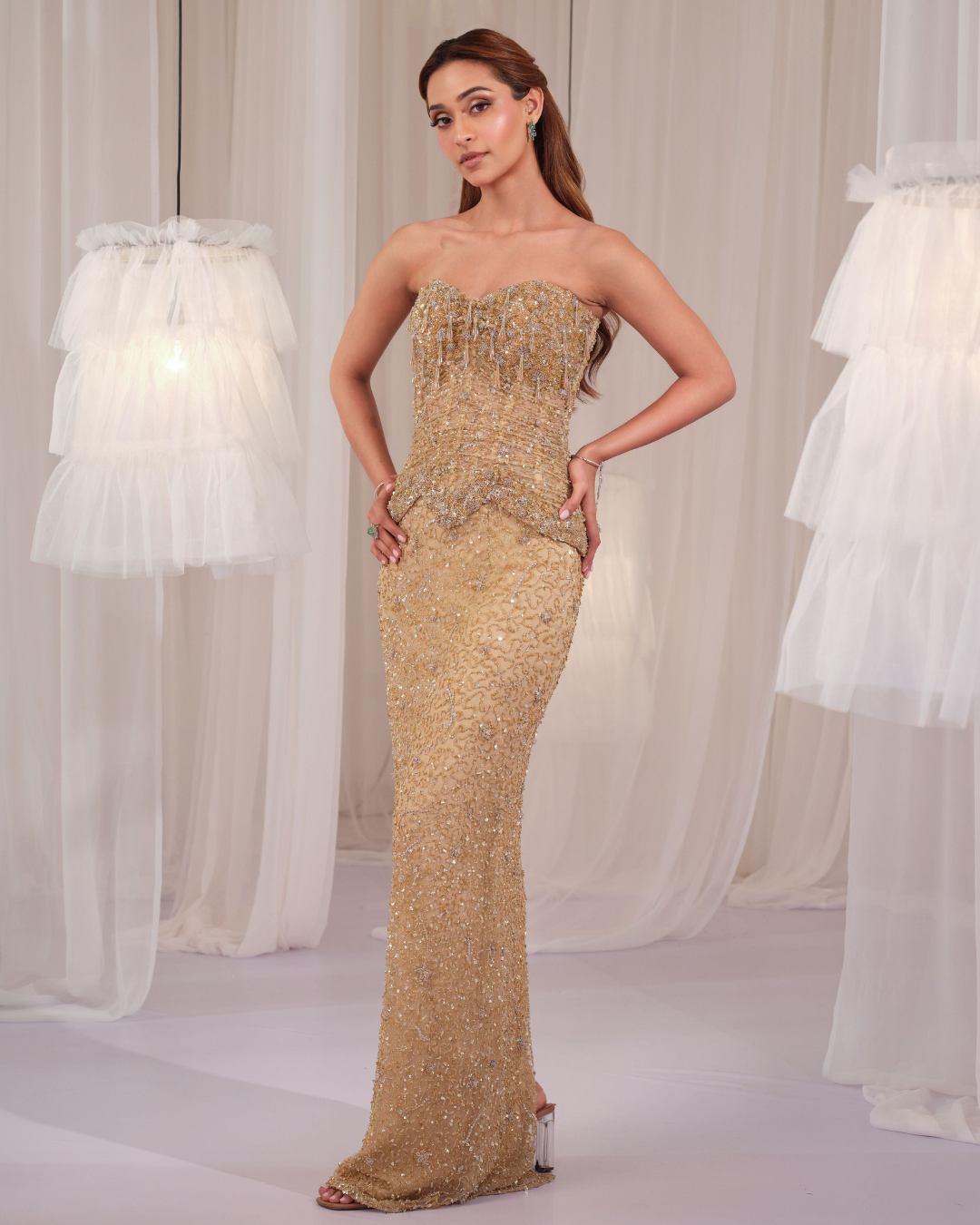 K&A By Karishma And Ashita - Golden Muse Hand Embellished Corset With Pencil Skirt From First Love