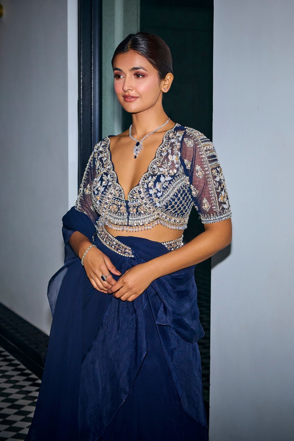 Sanya Gulati - Midnight Blue Ruffle Saree from Kia & Kyara