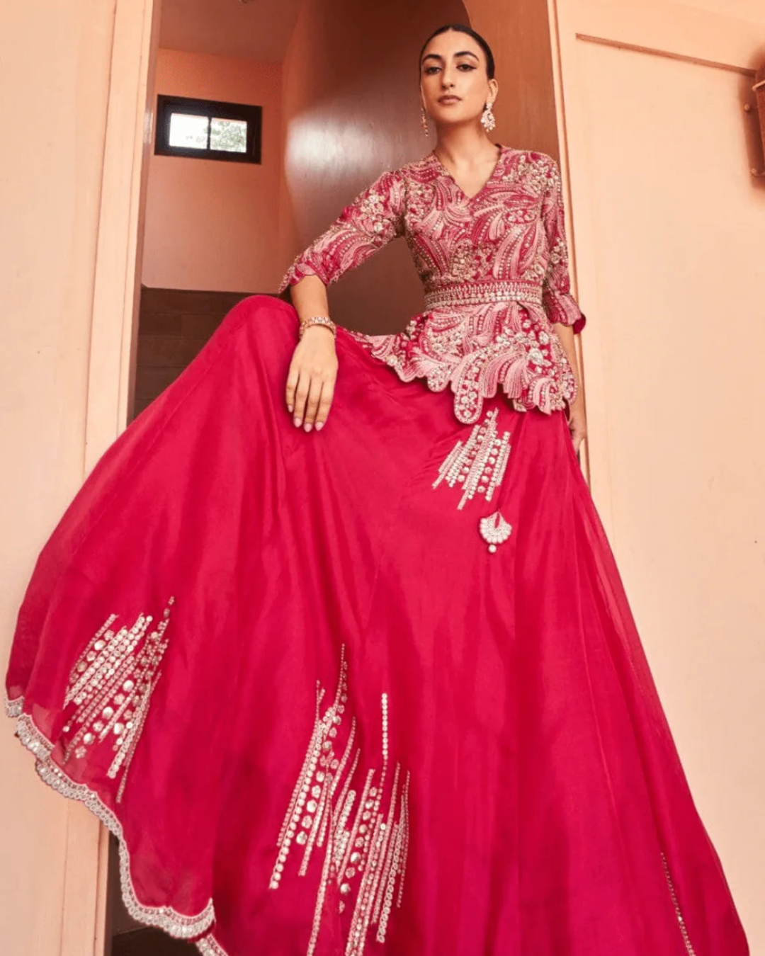 Osaa By Adarsh - Cut Ruby Embroidered Motif Top And Skirt From RASM
