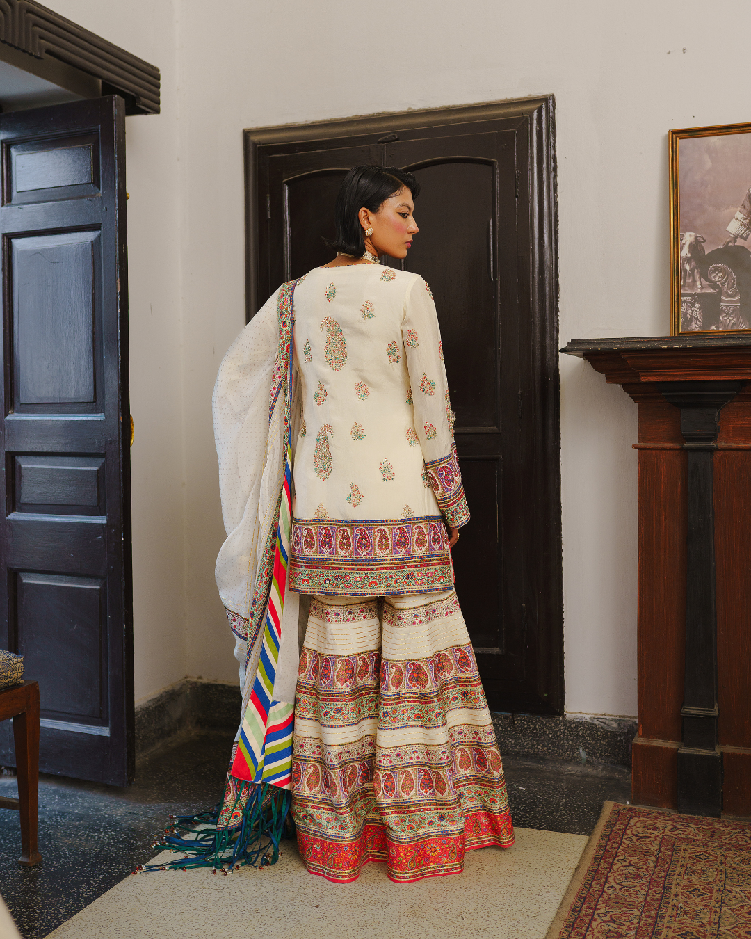 Aditi Gupta - Ivory Paisley Short Kurta with Sharara Set