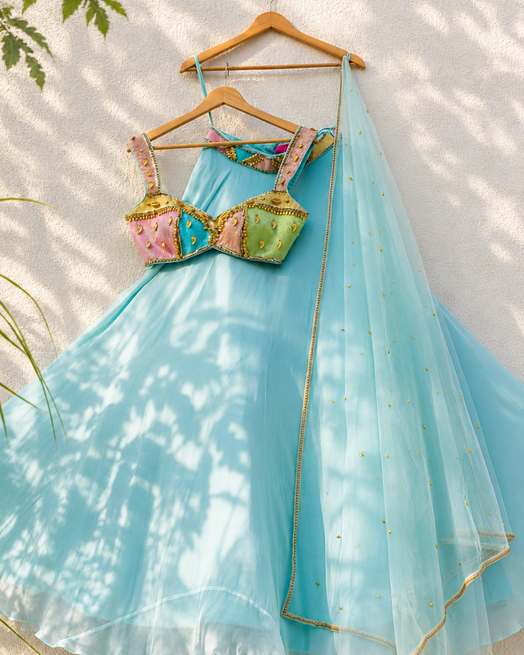 Anisha Shetty - Sky Blue Lehenga With Multicolour Cutdana Blouse