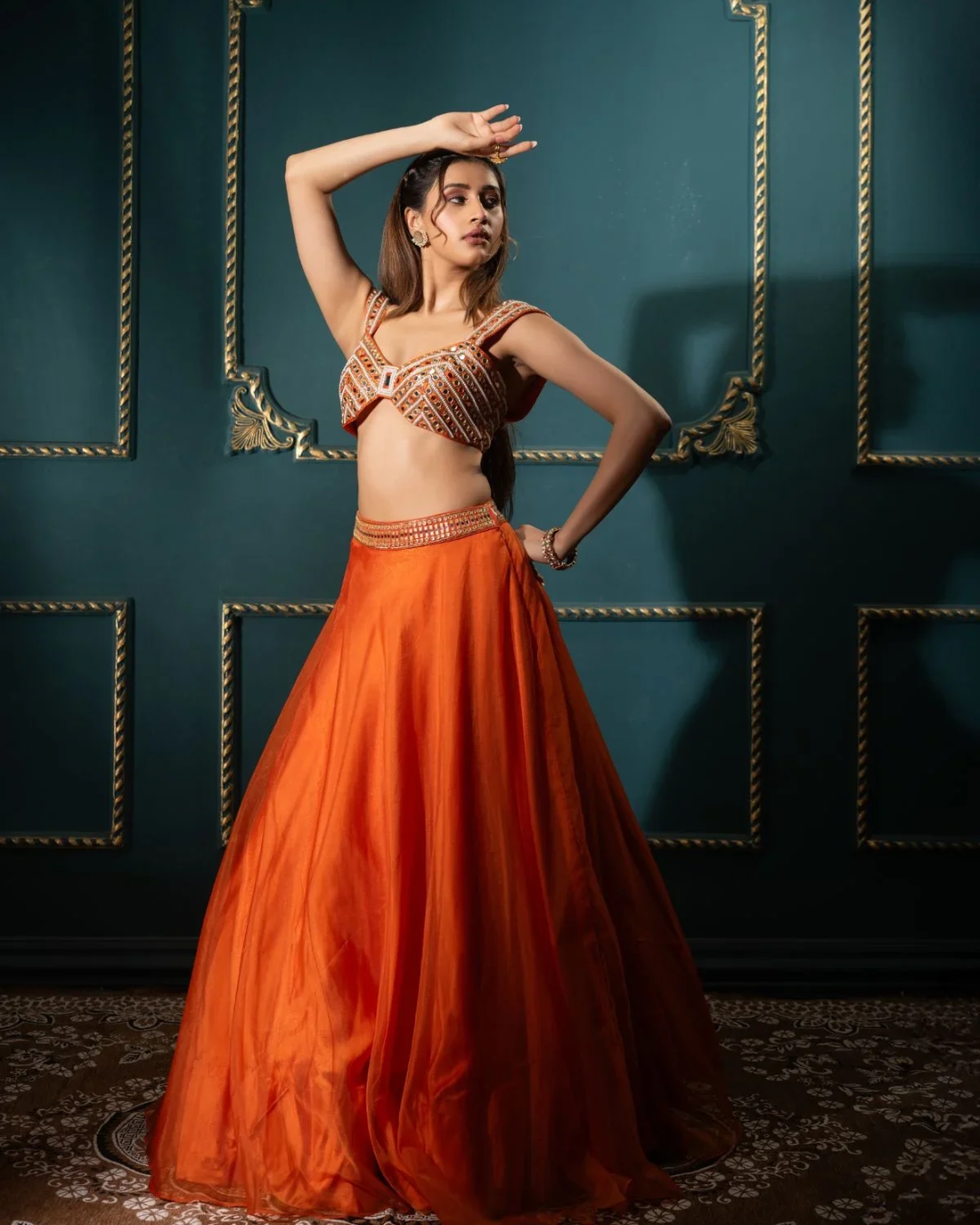 Anisha Shetty - Tangelo Organza Lehenga Set From Rangin