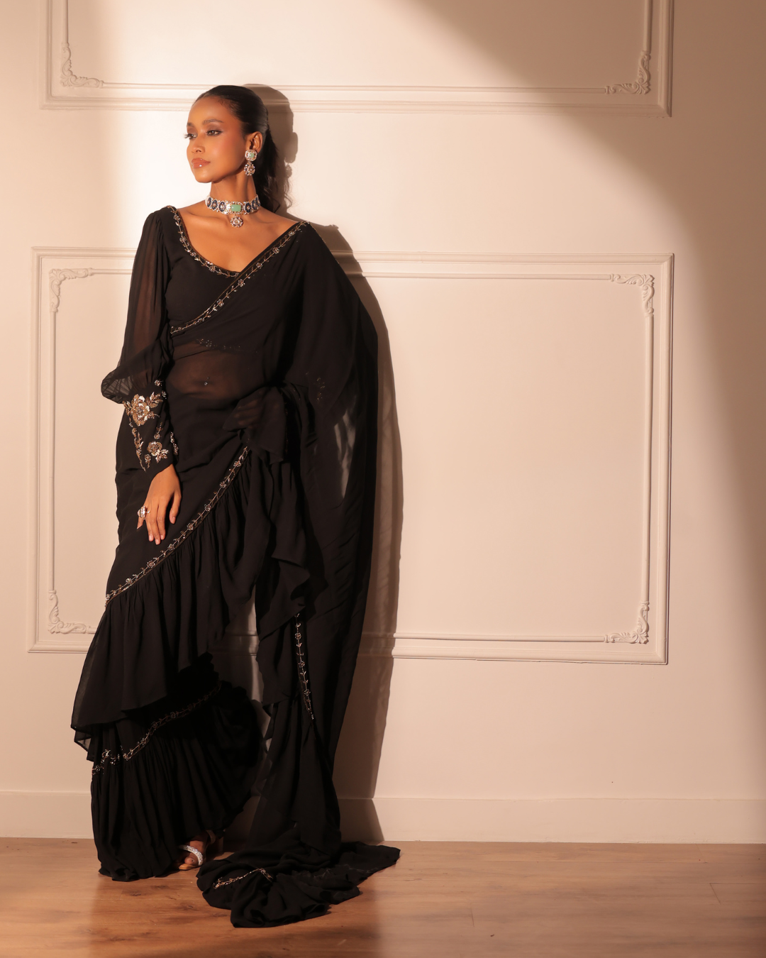 Sonali Bansal - Black ruffle drape saree and blouse with belt From Banno Ki Saheli