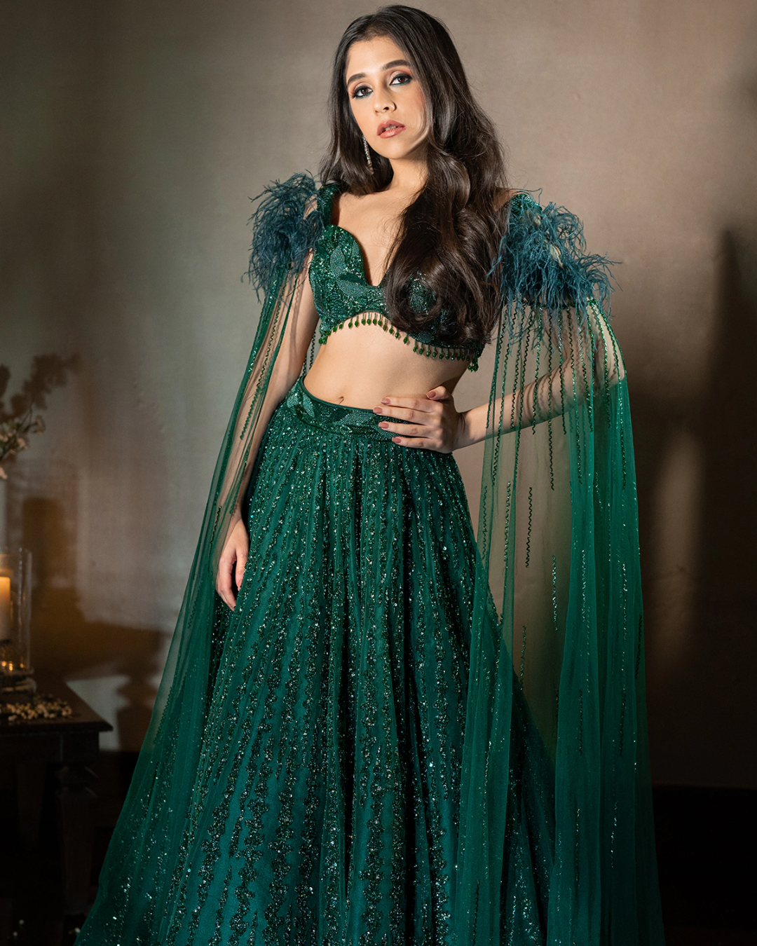 Isa by Dolly Wahal - Emerald Green Net Hand Embroidered Lehenga Set