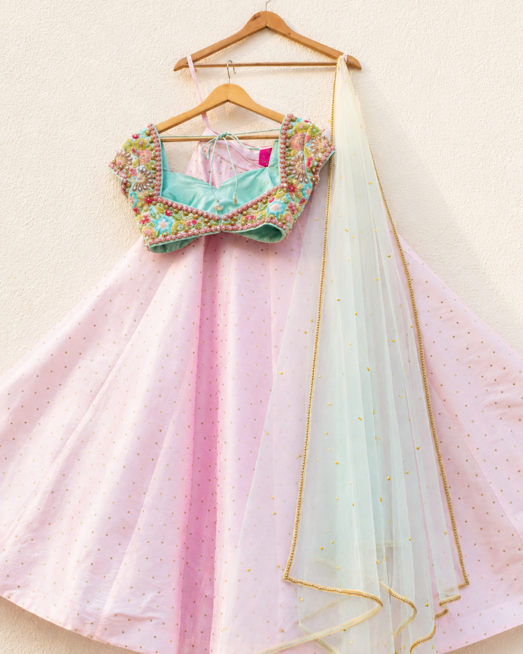 Anisha Shetty - Pink Stonework Lehenga With Sky Blue Embroidered Blouse With Pink Dupatta