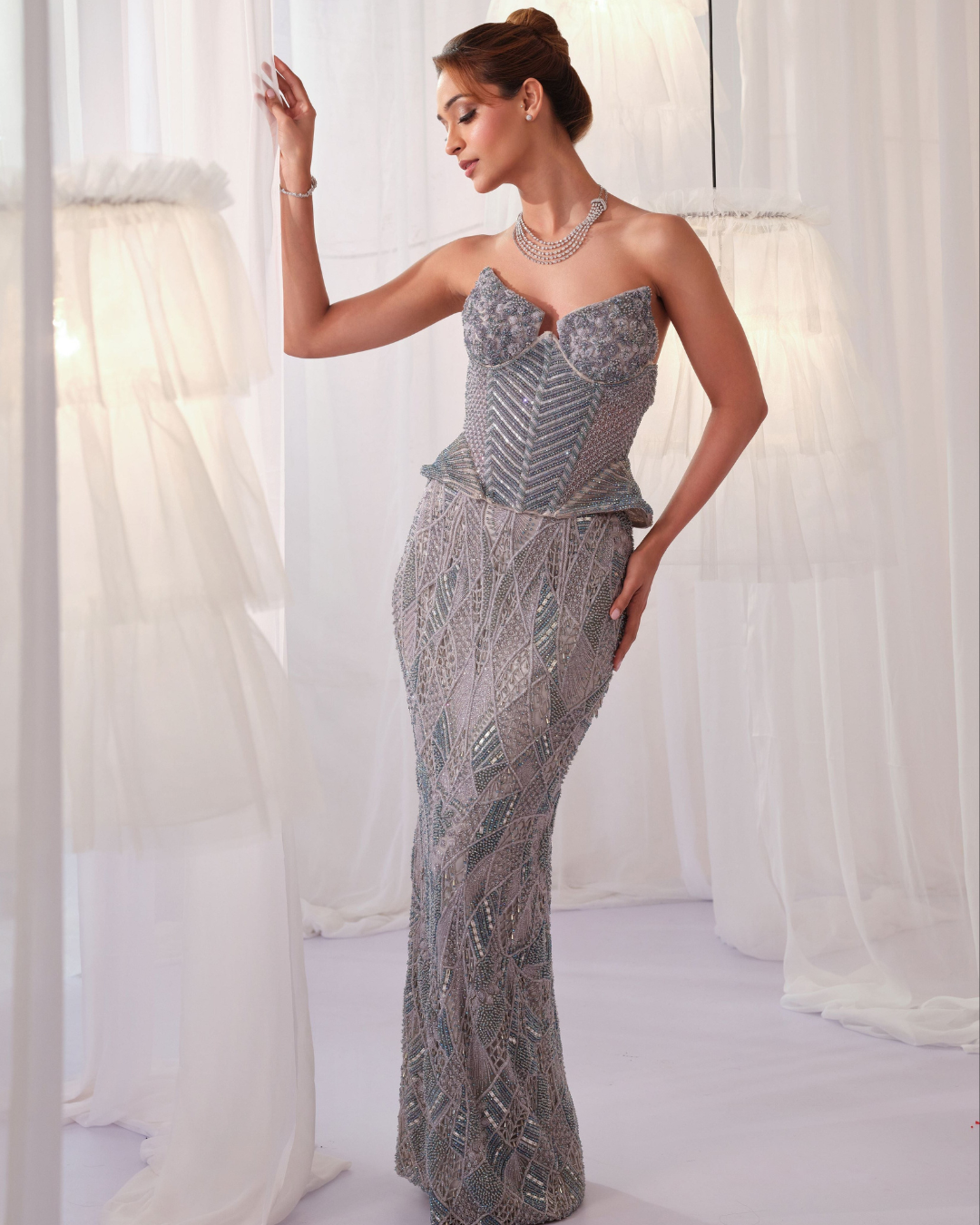 K&A By Karishma And Ashita - Ice Blue Cutwork Corset With Pencil Skirt From First Love