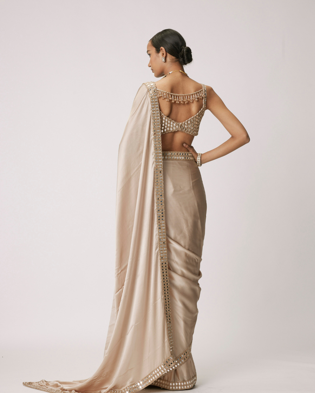 LIGHT BEIGE SATIN SAREE SET - Jugmug Bride by Vvani Vats