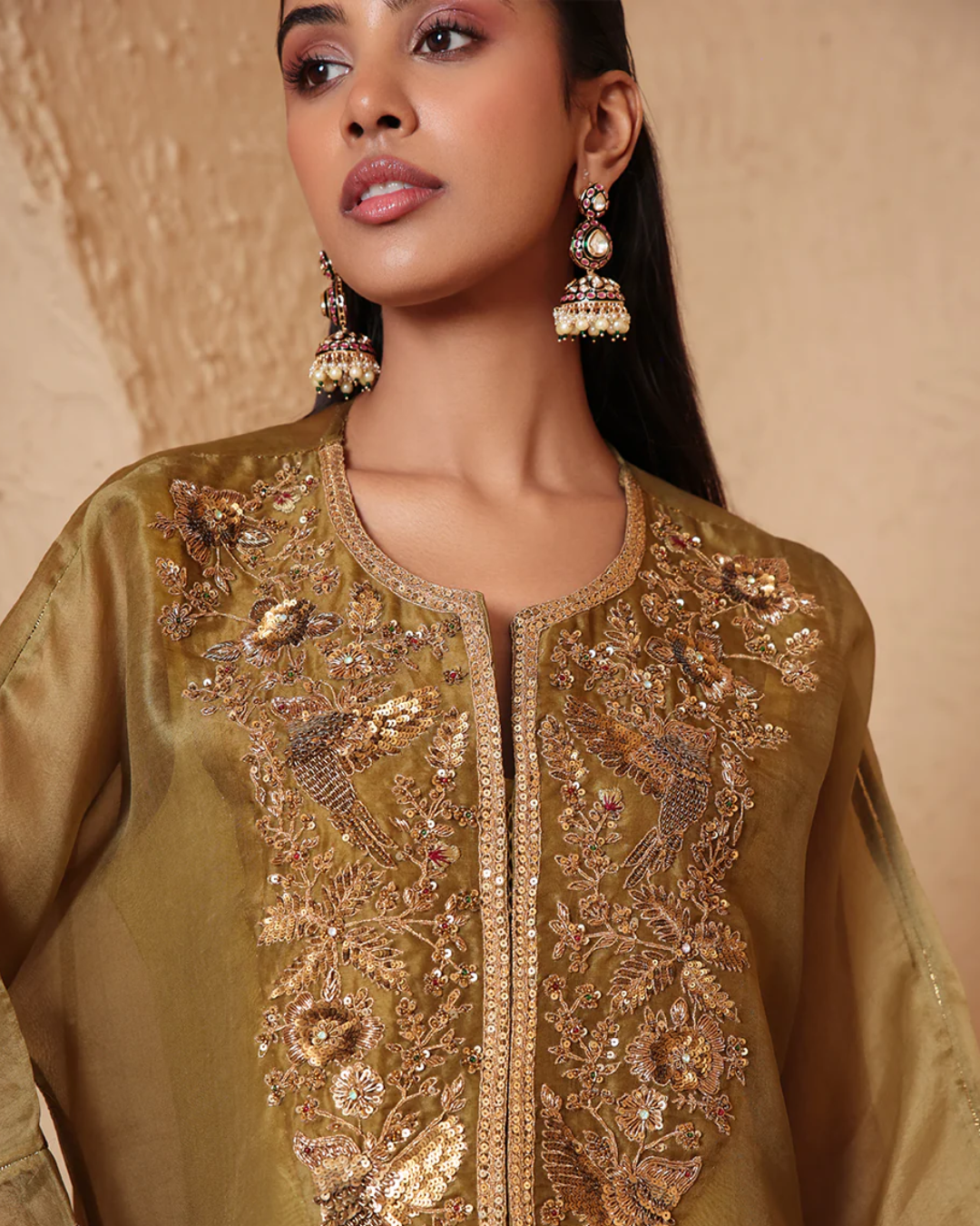 Niti Bothra -  Mehrang Olive Green Kaftan Kurta Set