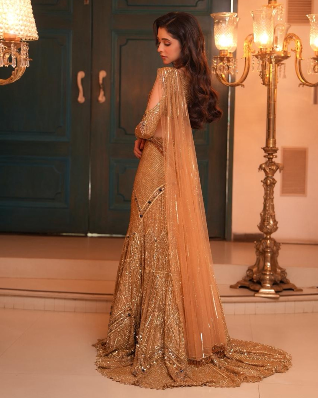 Isa by Dolly Wahal - Gold Fishcut Lehenga With Trail From Ittara