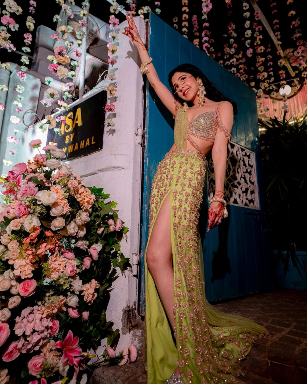Isa by Dolly Wahal - Lime Green Slit Saree From Ittara