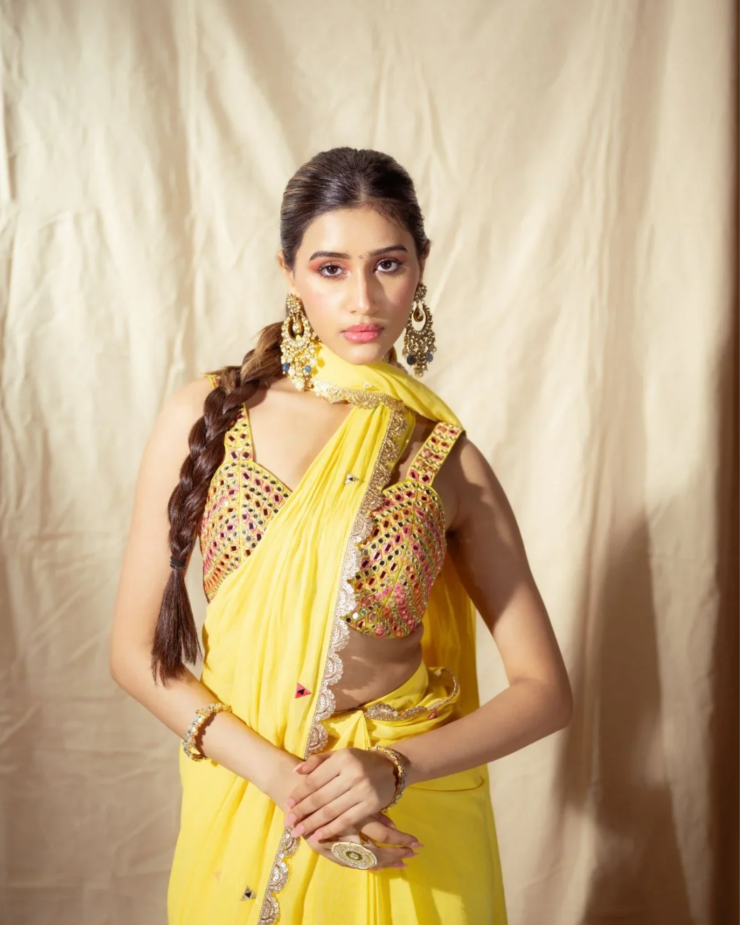 Anisha Shetty - Yellow Prestitched Saree From Rangin
