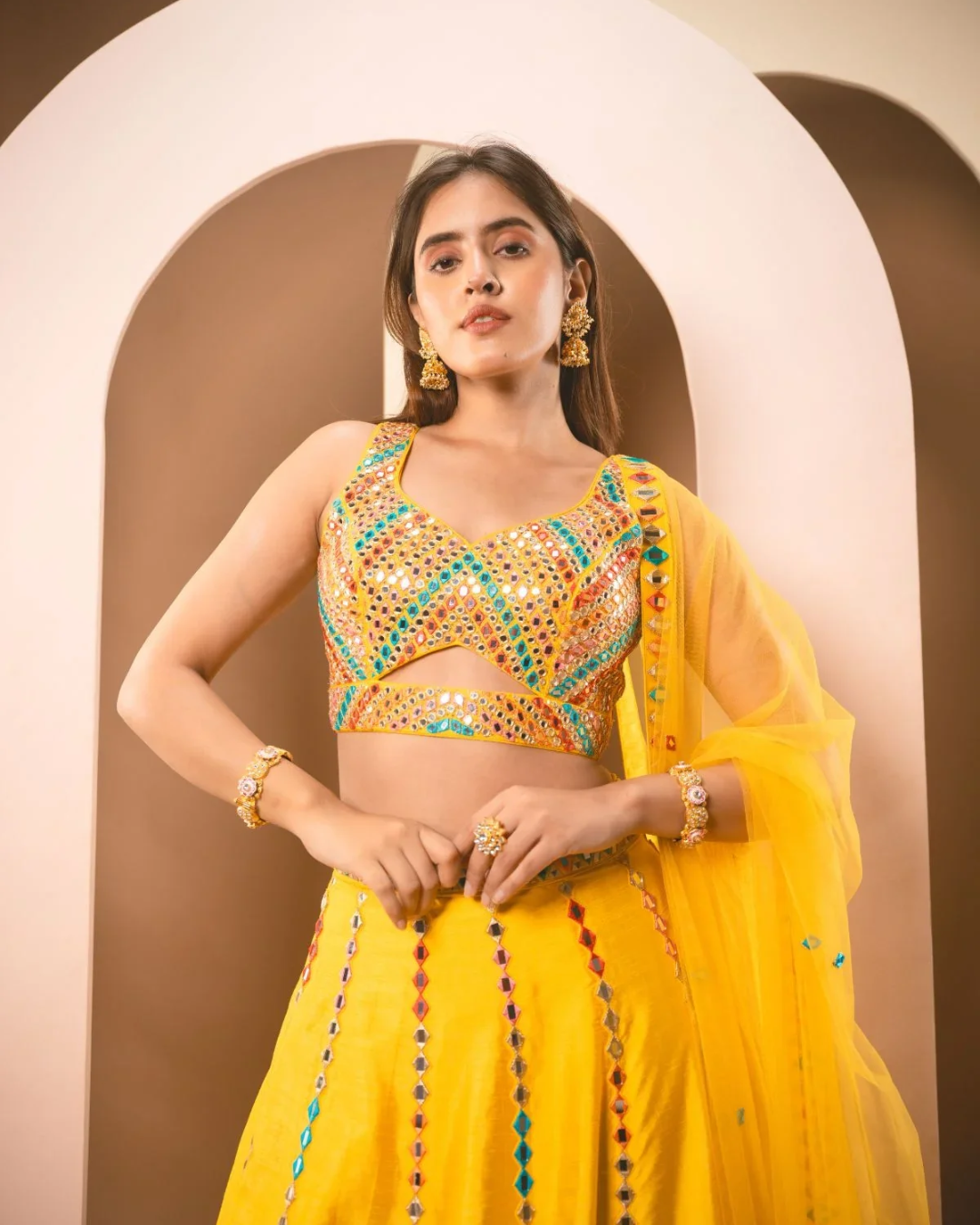 Anisha Shetty - Sunshine Yellow Multicolor Thread & Mirrorwork Lehenga Set From Rangin