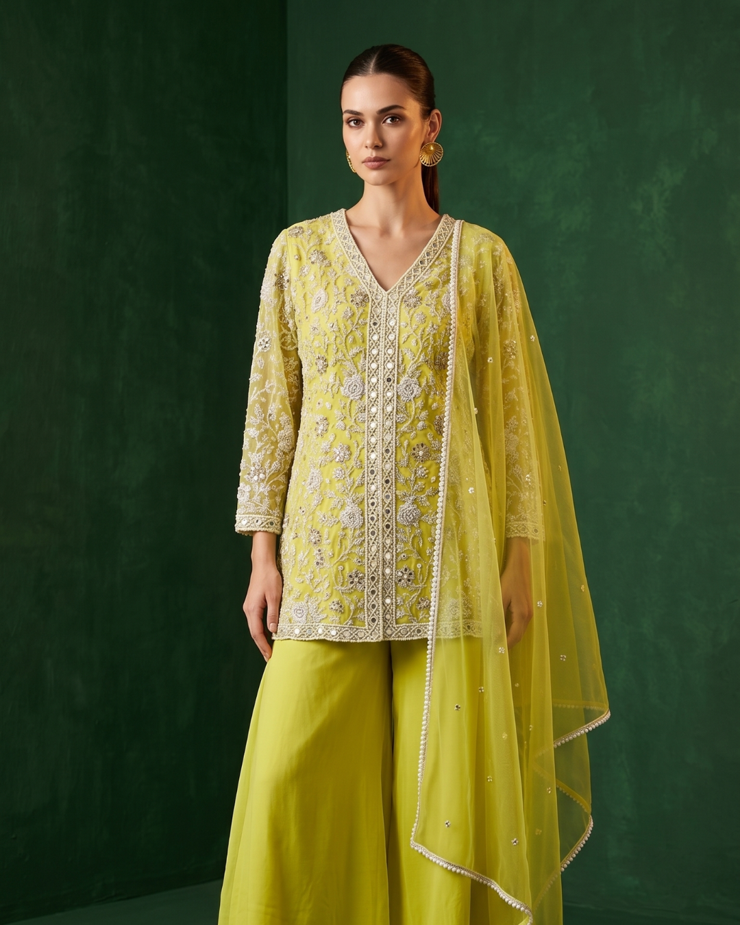 Basanti Kapde Aur Koffee - Lime Etoile Embroidered Sharara Set From Suits & Shararas