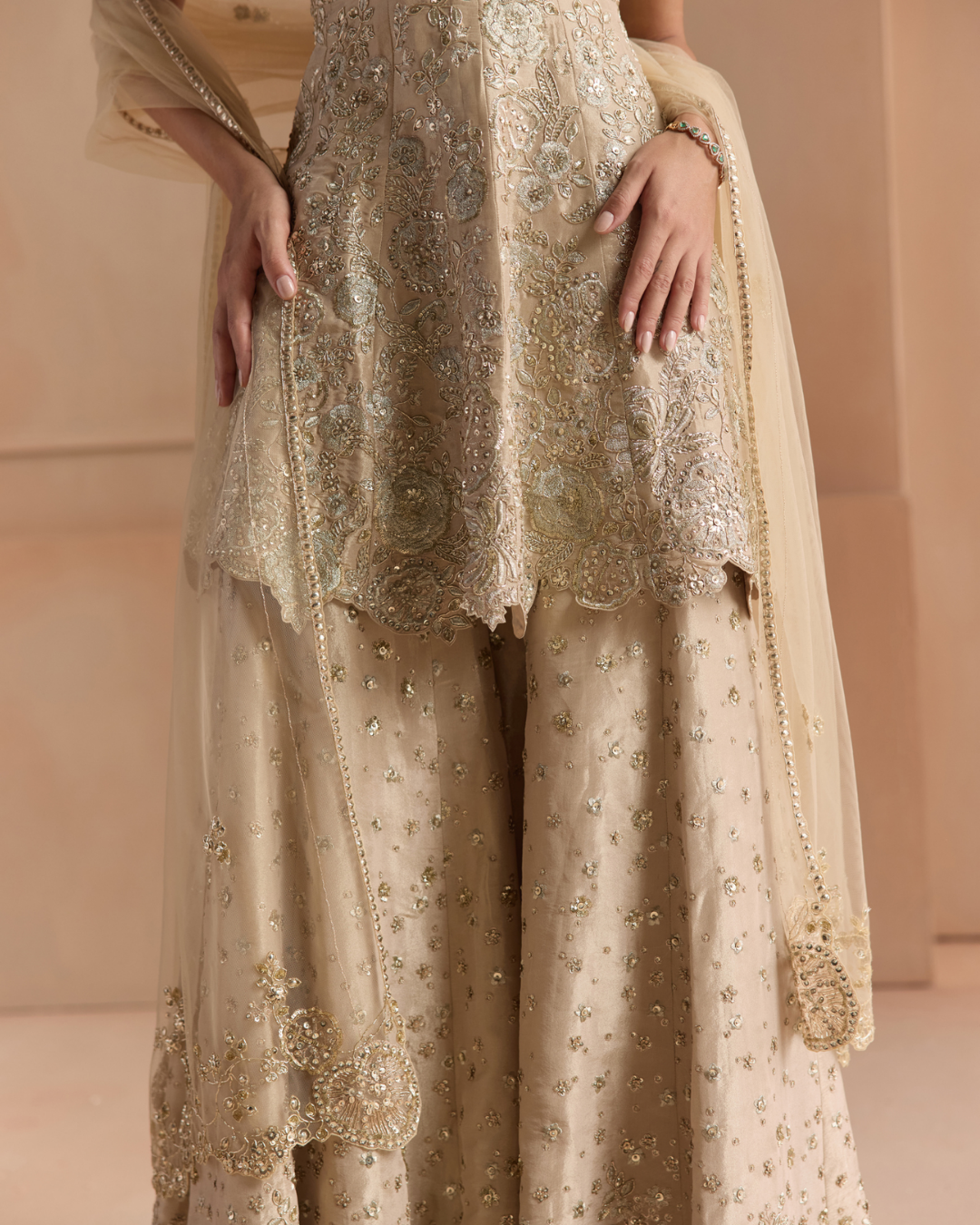 Osaa By Adarsh - Beige Champagne Peplum Garara Set From Off The Record