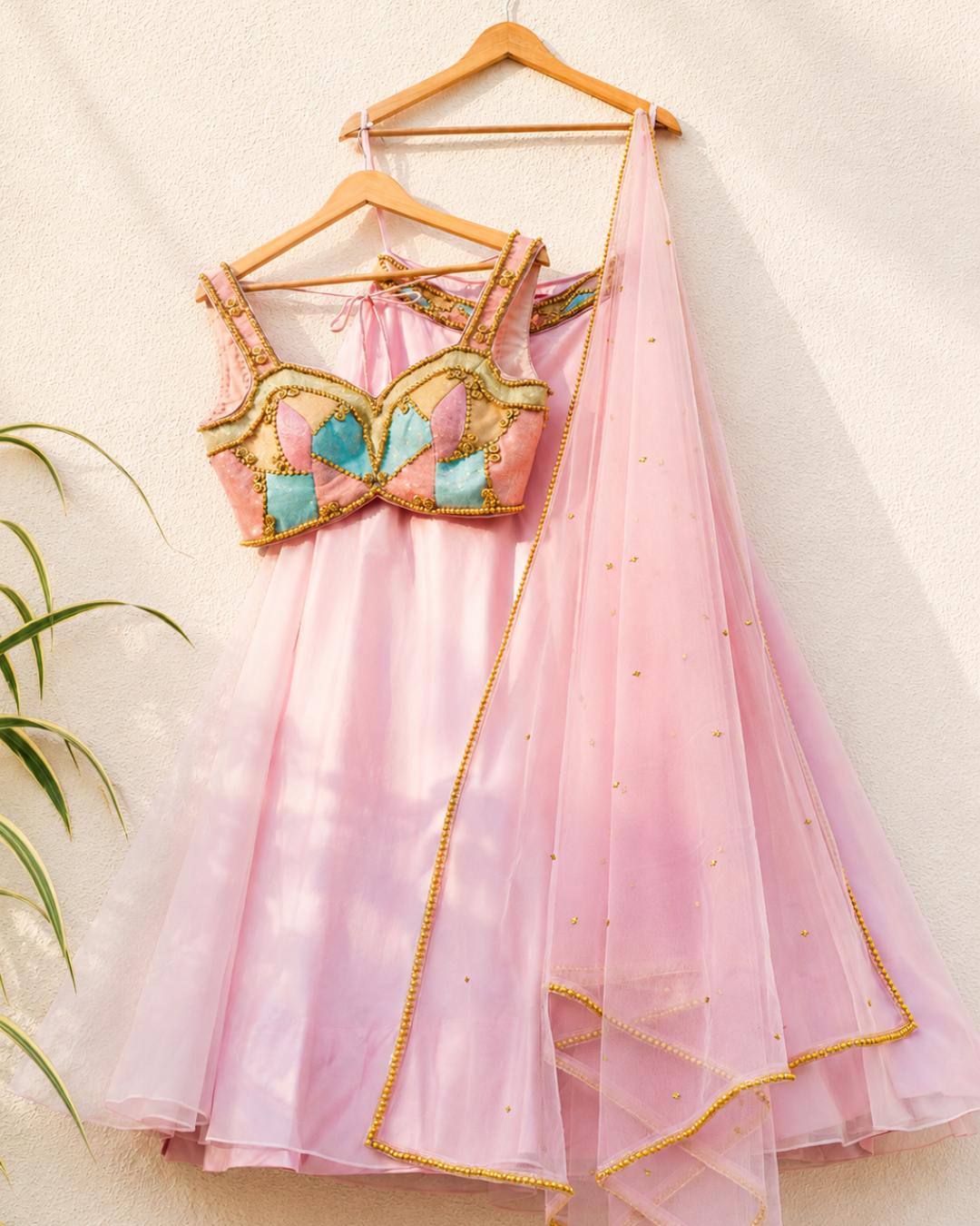 Anisha Shetty - Pink Organza Lehenga With Multicolour Cutdana Blouse